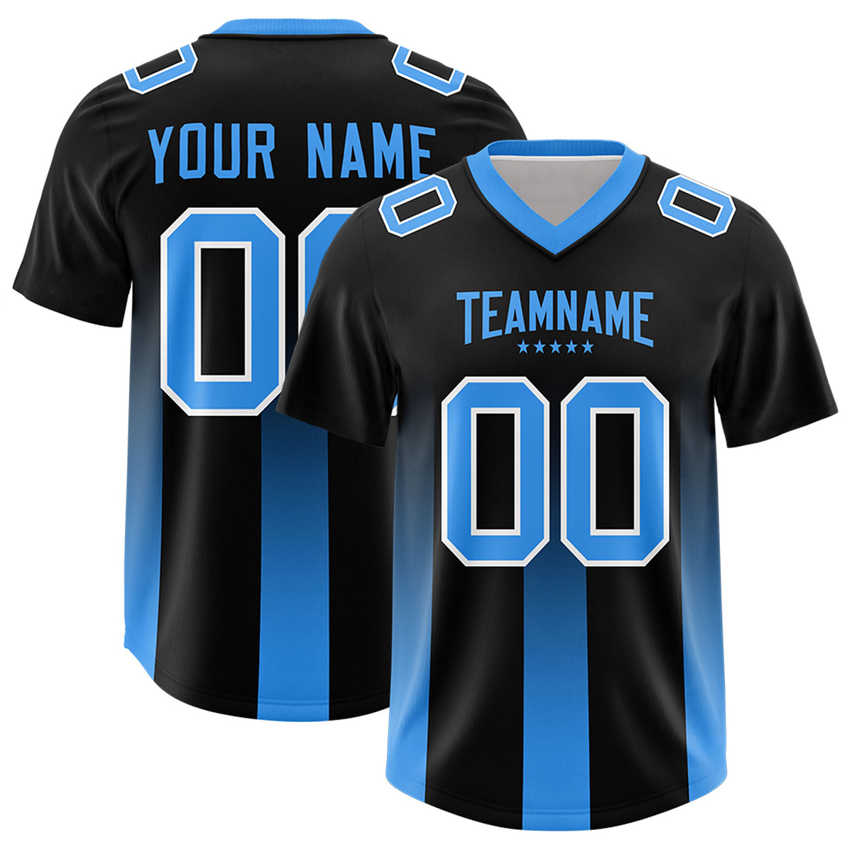 Custom Black Light Blue Vertical Width Stripe Gradient Fashion Personalized Team Football Jersey