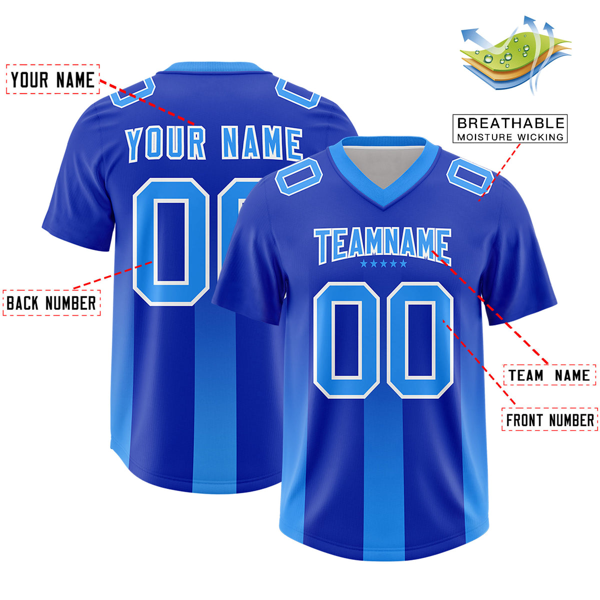 Custom Royal Light Blue Vertical Width Stripe Gradient Fashion Personalized Team Football Jersey