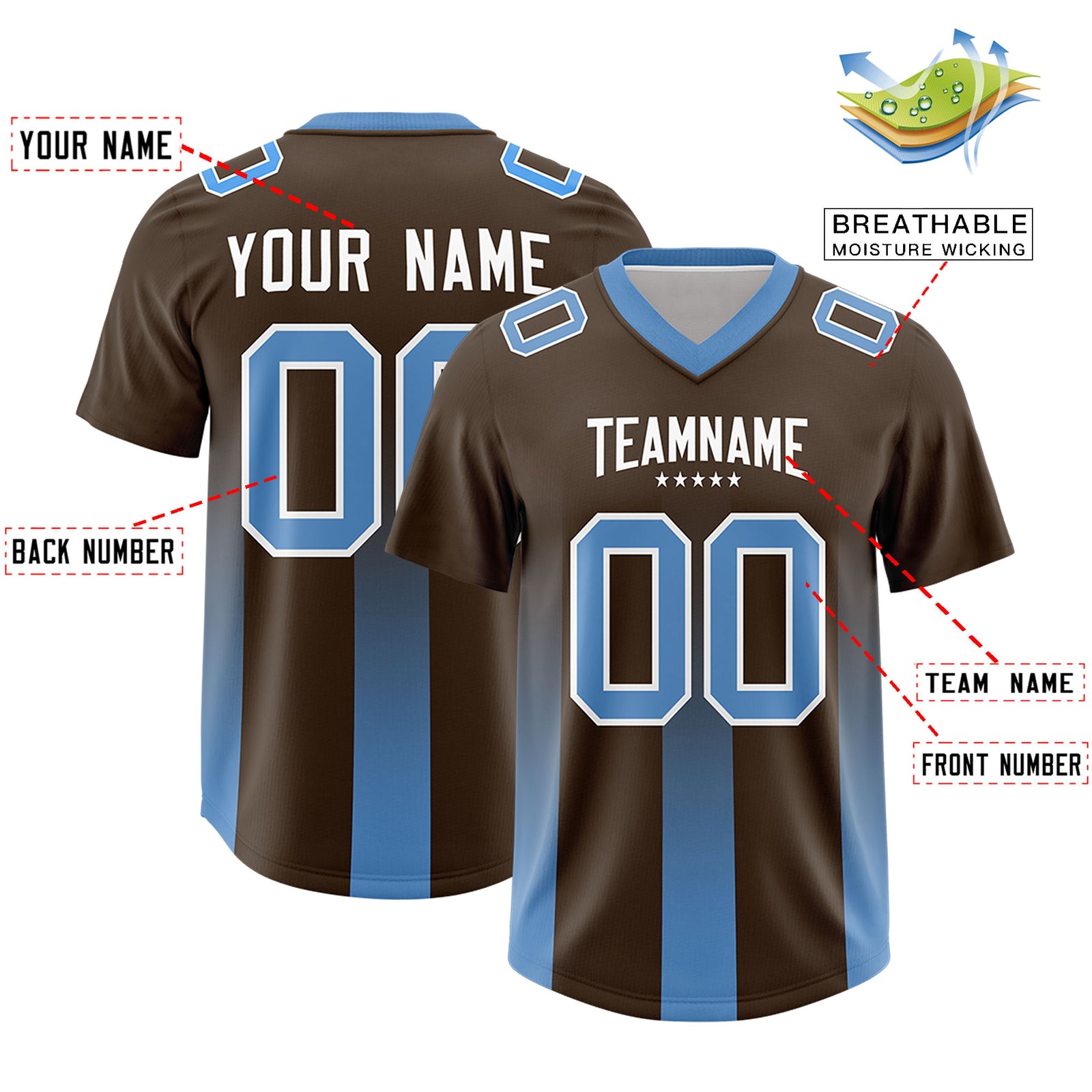Custom Brown Powder Blue Vertical Width Stripe Gradient Fashion Personalized Team Football Jersey