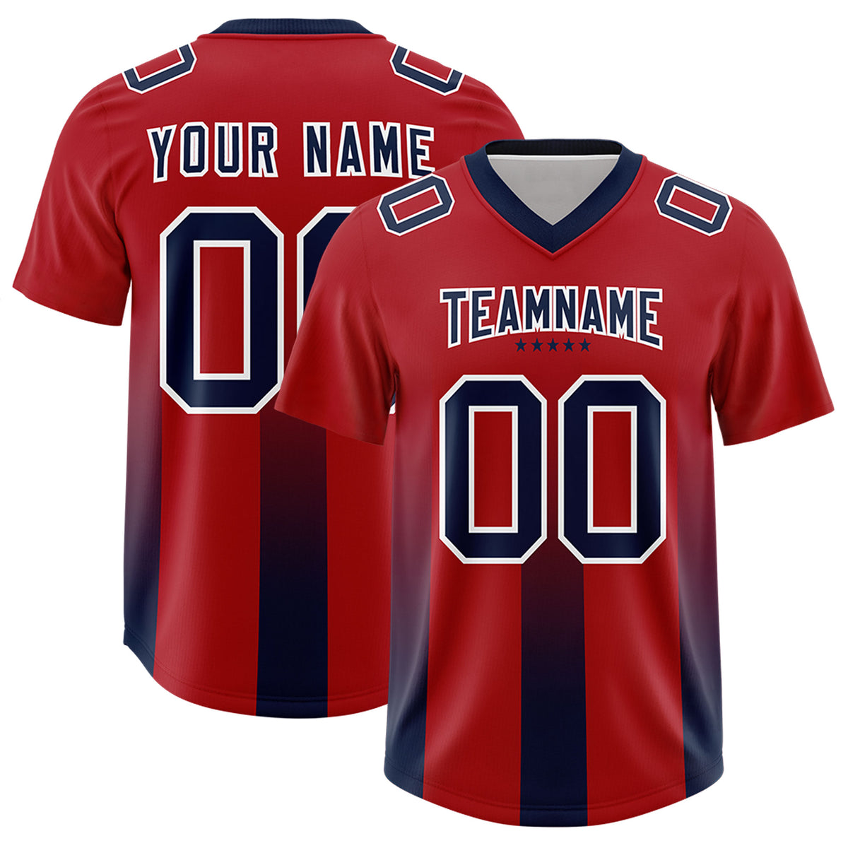 Custom Red Navy Vertical Width Stripe Gradient Fashion Personalized Team Football Jersey