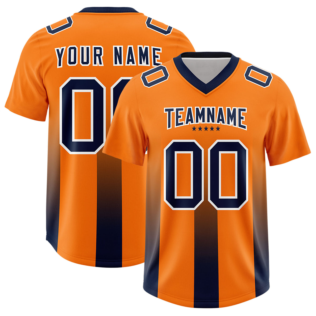Custom Orange Navy Vertical Width Stripe Gradient Fashion Personalized Team Football Jersey
