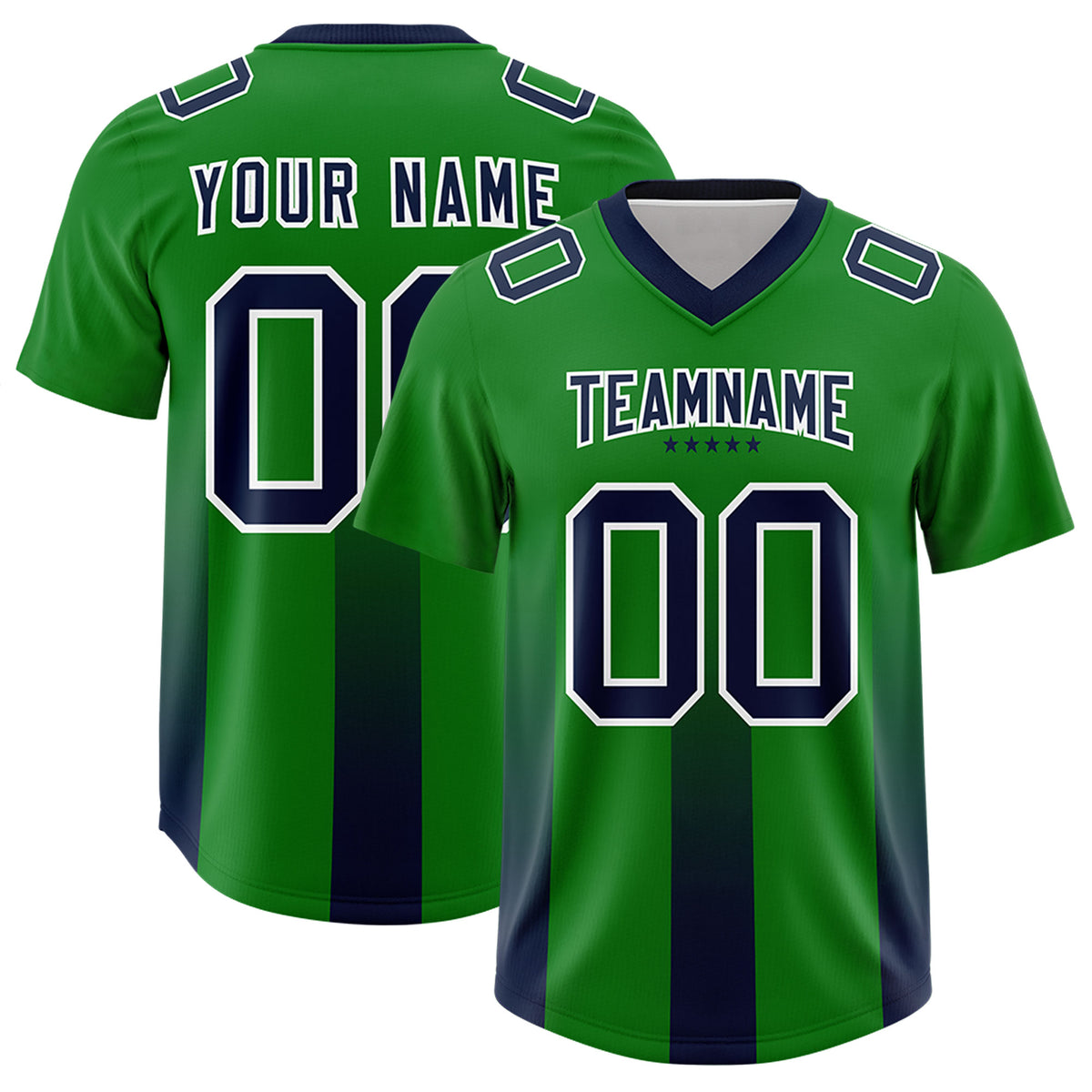 Custom Kelly Green Navy Vertical Width Stripe Gradient Fashion Personalized Team Football Jersey
