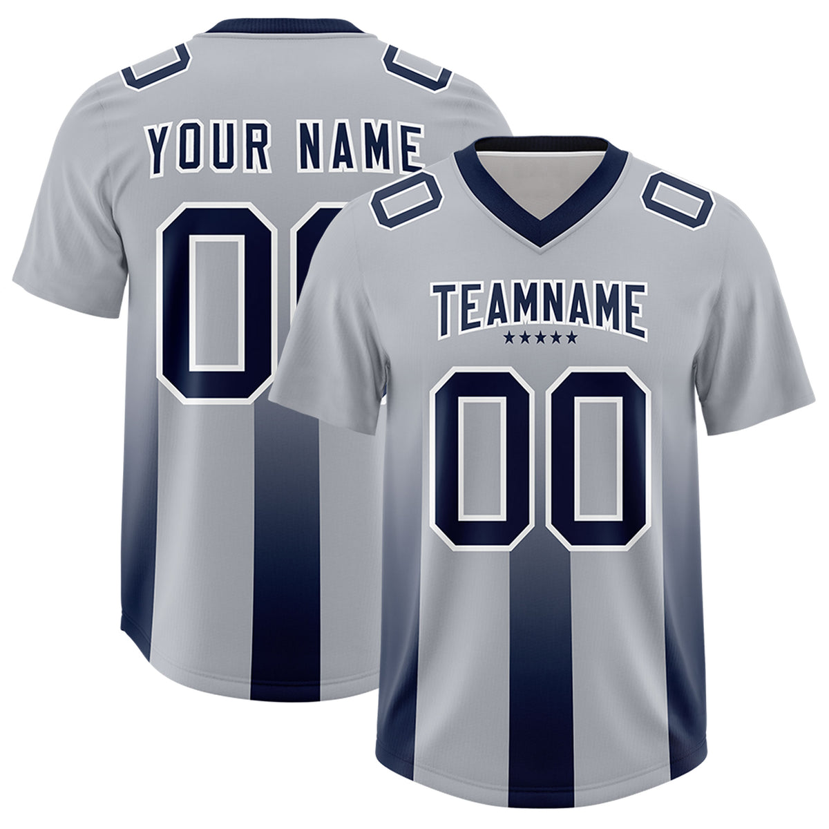 Custom Gray Navy Vertical Width Stripe Gradient Fashion Personalized Team Football Jersey