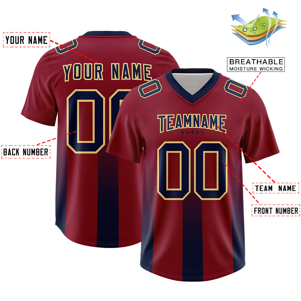 Custom Cardinal Navy Vertical Width Stripe Gradient Fashion Personalized Team Football Jersey