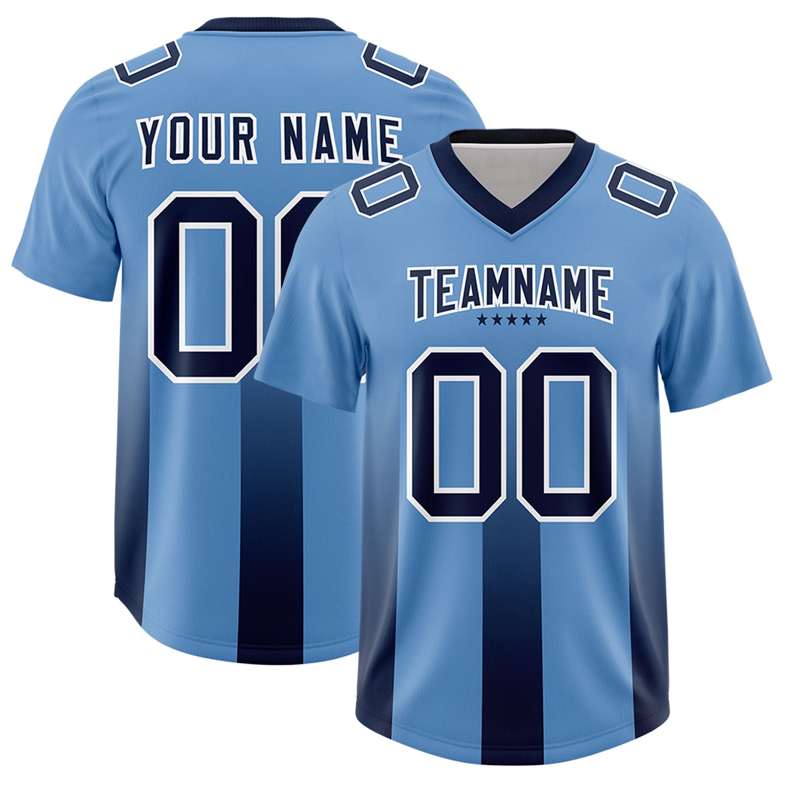 Custom Powder Blue Navy Vertical Width Stripe Gradient Fashion Personalized Team Football Jersey
