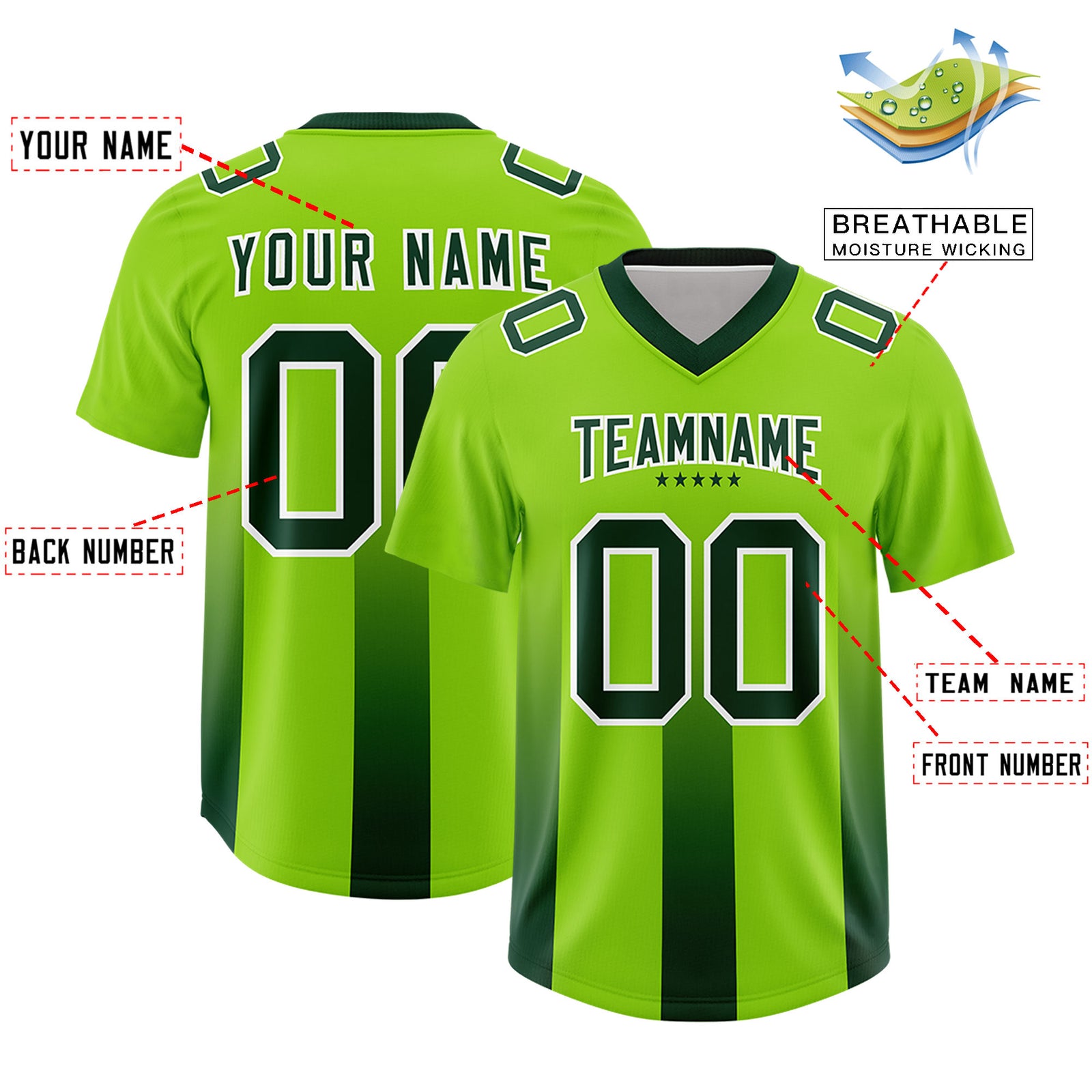 Custom Neon Green Green Vertical Width Stripe Gradient Fashion Personalized Team Football Jersey