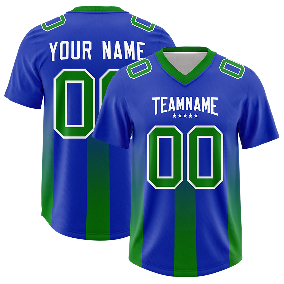 Custom Royal Kelly Green Vertical Width Stripe Gradient Fashion Personalized Team Football Jersey
