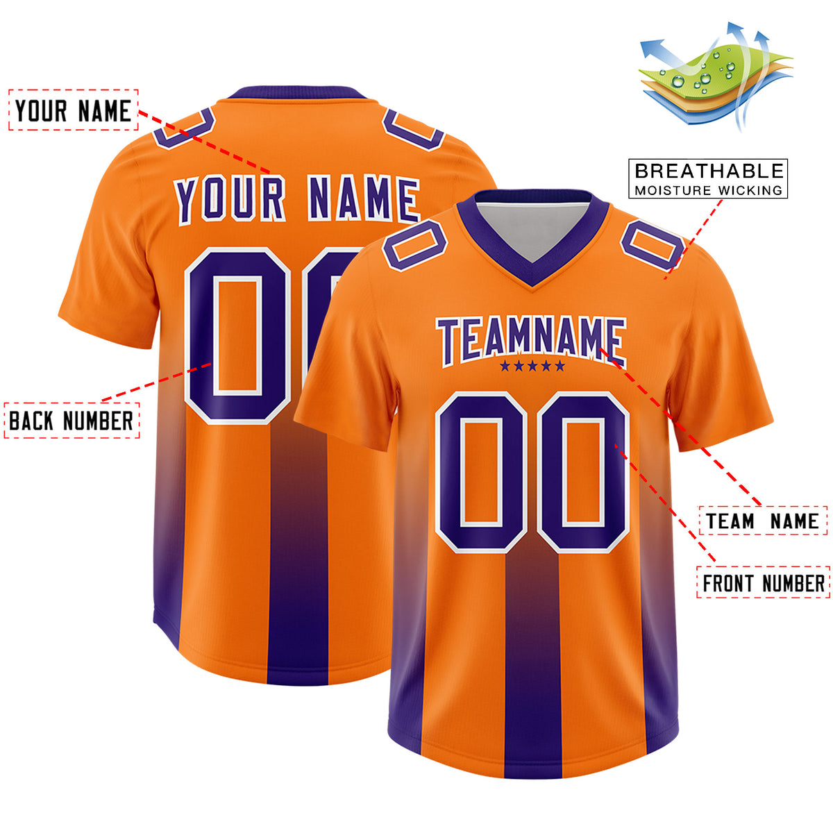 Custom Orange Purple Vertical Width Stripe Gradient Fashion Personalized Team Football Jersey
