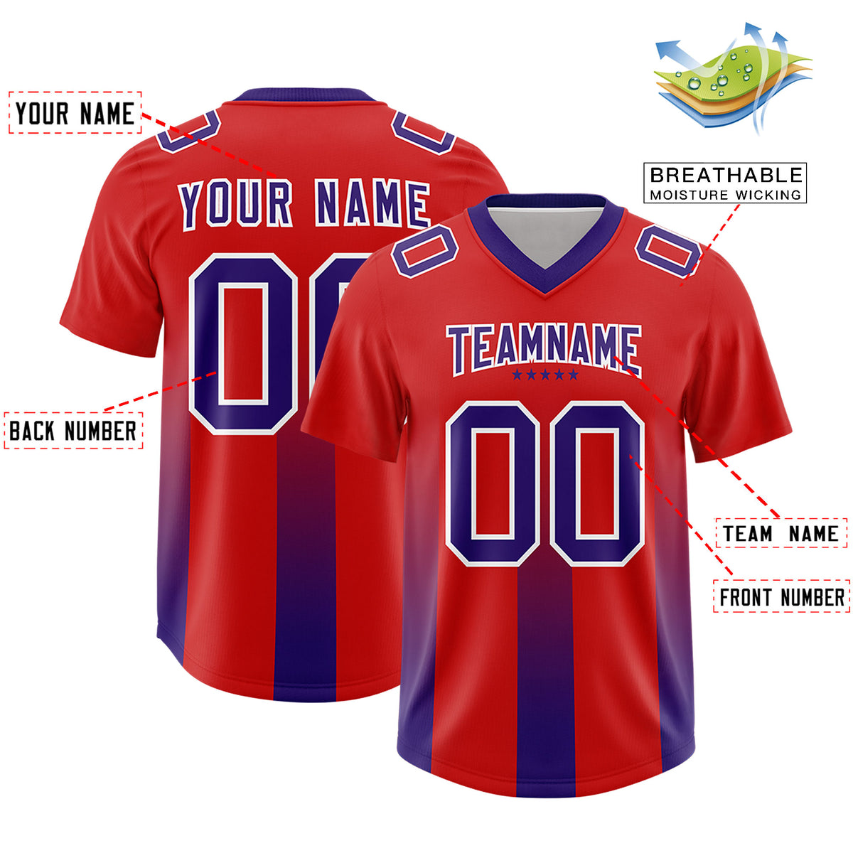 Custom Red Purple Vertical Width Stripe Gradient Fashion Personalized Team Football Jersey