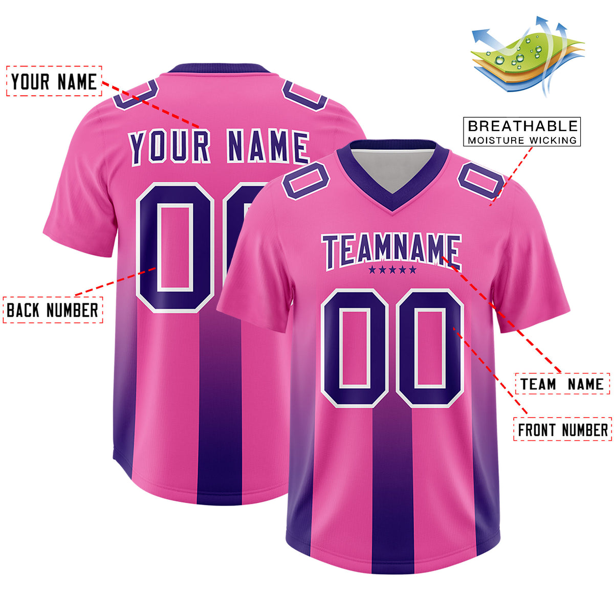 Custom Pink Purple Vertical Width Stripe Gradient Fashion Personalized Team Football Jersey