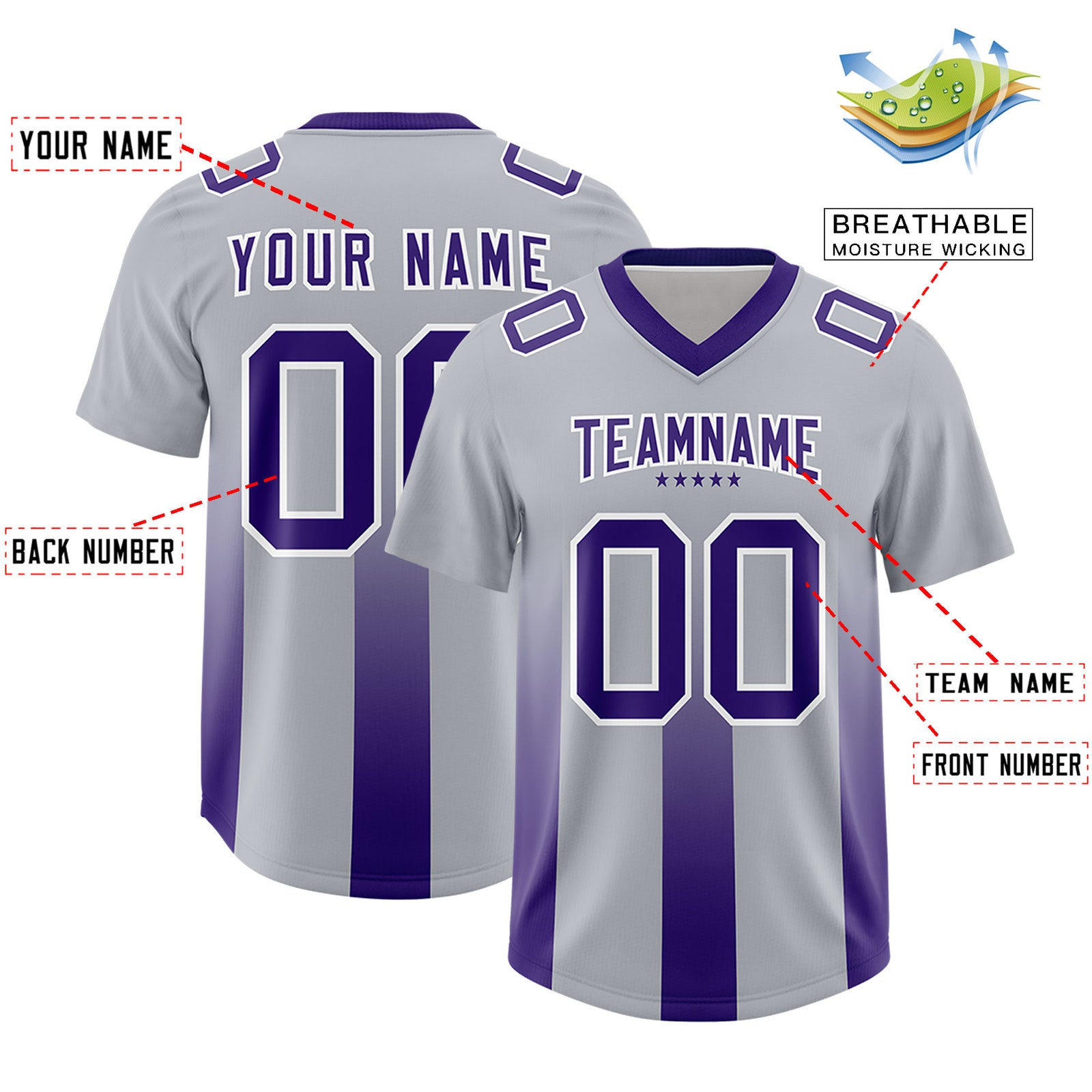 Custom Gray Purple Vertical Width Stripe Gradient Fashion Personalized Team Football Jersey