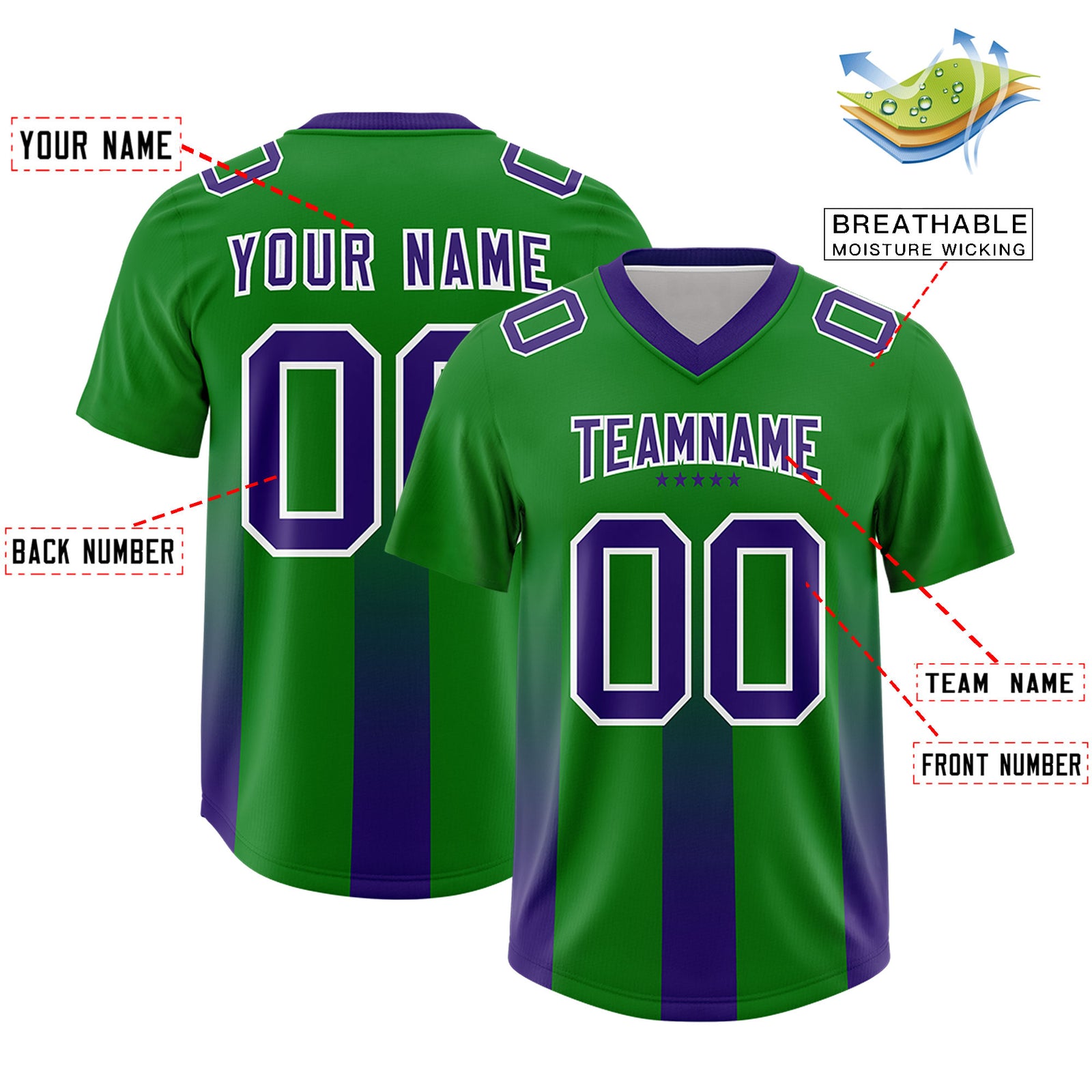 Custom Kelly Green Purple Vertical Width Stripe Gradient Fashion Personalized Team Football Jersey