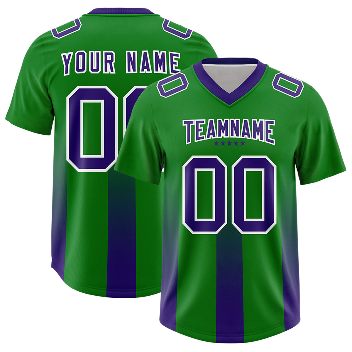 Custom Kelly Green Purple Vertical Width Stripe Gradient Fashion Personalized Team Football Jersey