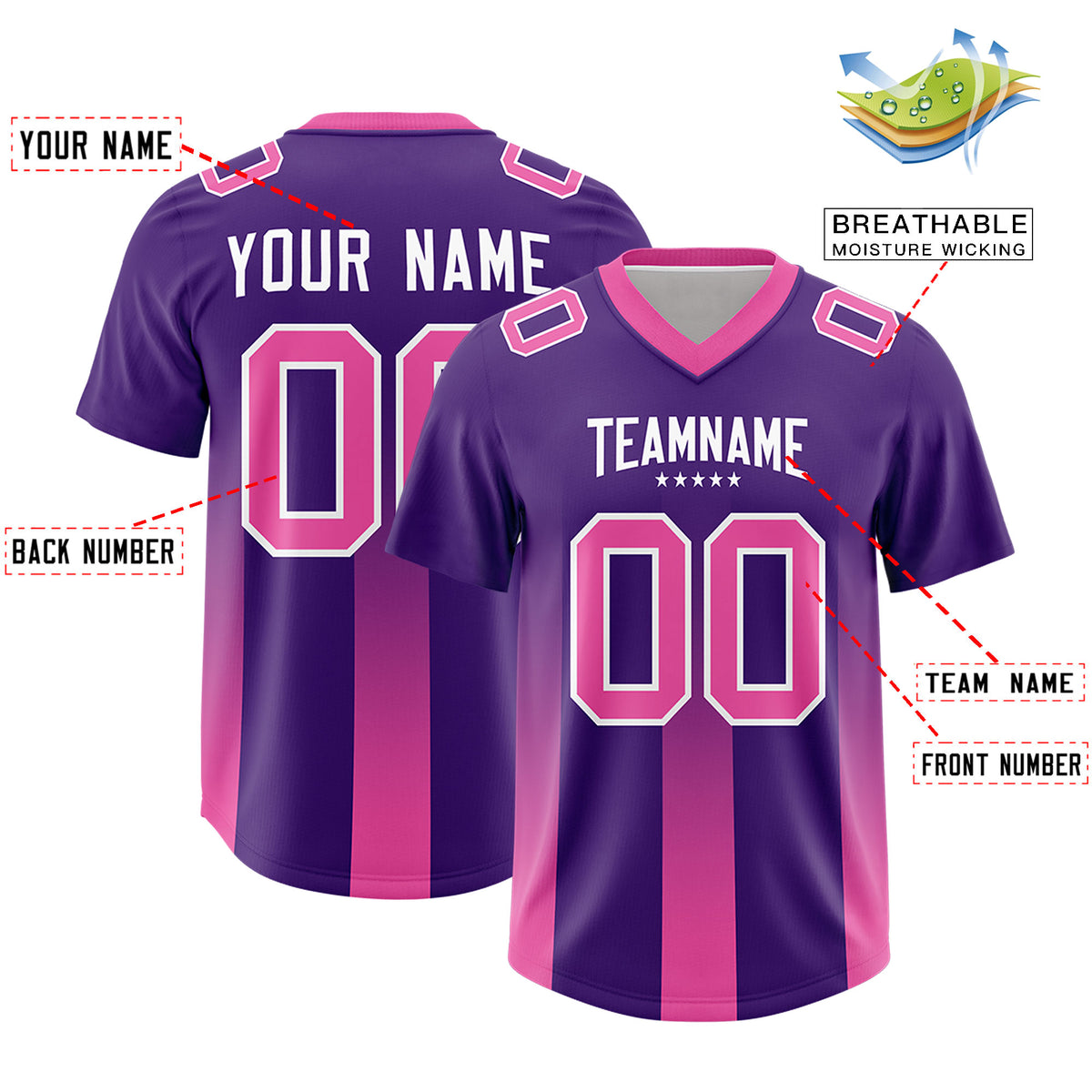 Custom Purple Pink Vertical Width Stripe Gradient Fashion Personalized Team Football Jersey