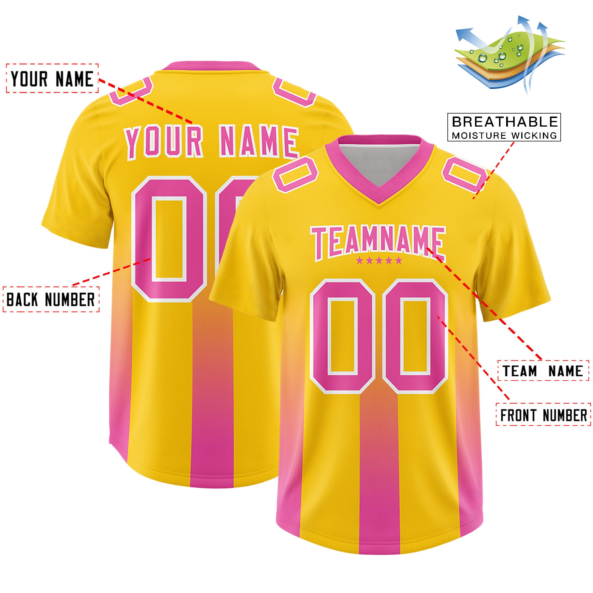 Custom Yellow Pink Vertical Width Stripe Gradient Fashion Personalized Team Football Jersey