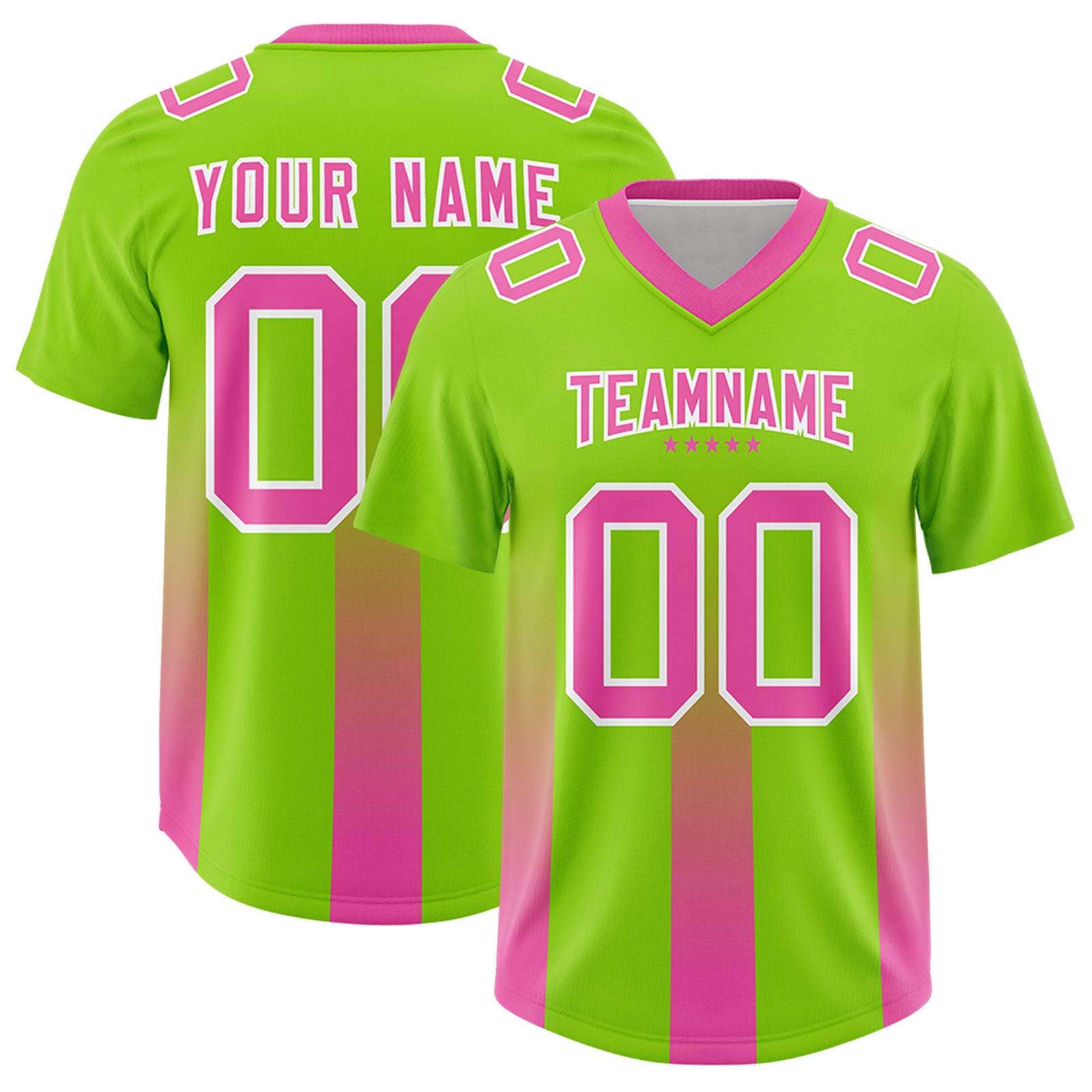 Custom Neon Green Pink Vertical Width Stripe Gradient Fashion Personalized Team Football Jersey