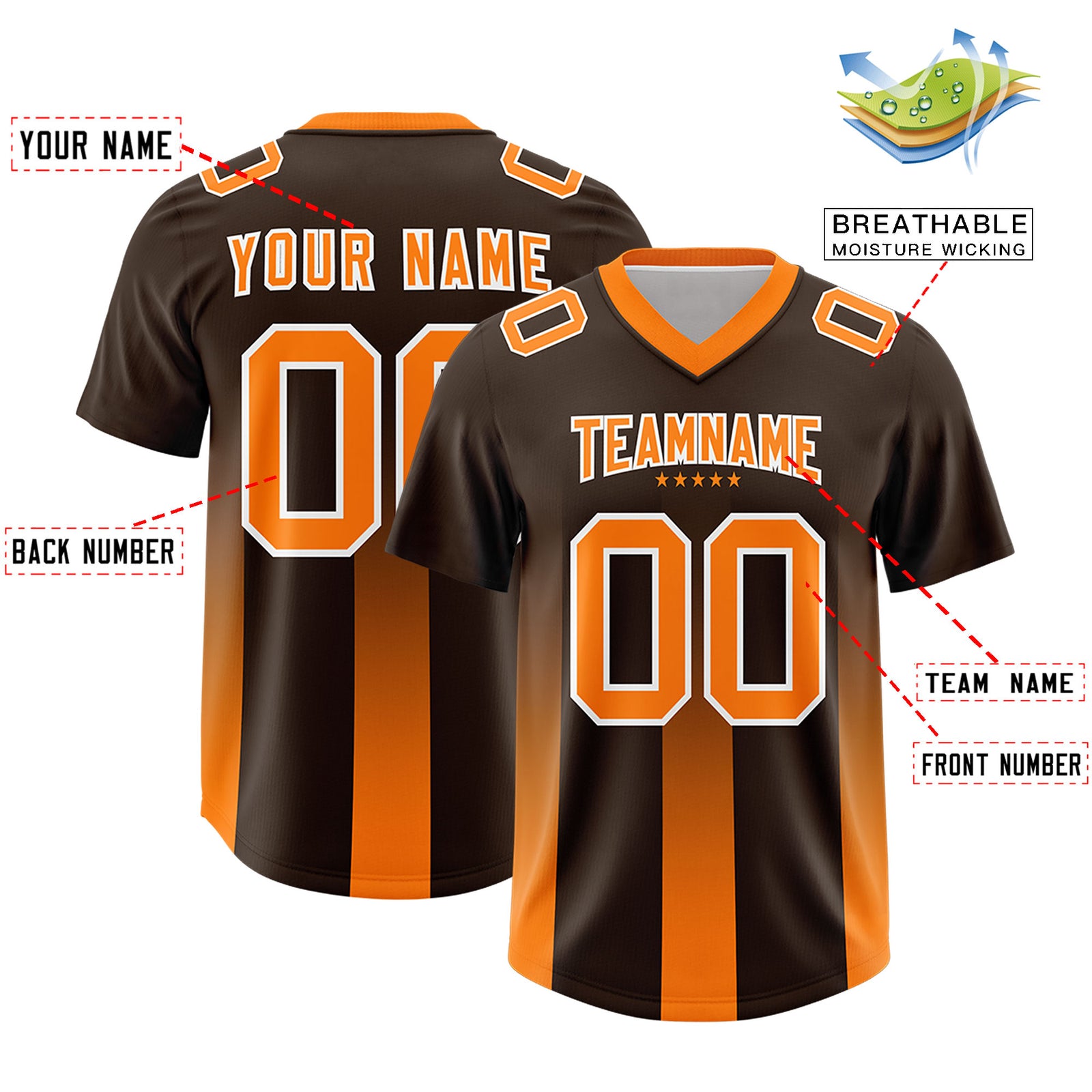 Custom Brown Orange Vertical Width Stripe Gradient Fashion Personalized Team Football Jersey