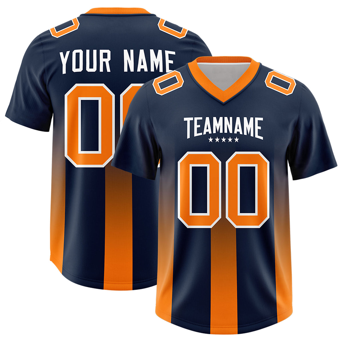 Custom Navy Orange Vertical Width Stripe Gradient Fashion Personalized Team Football Jersey