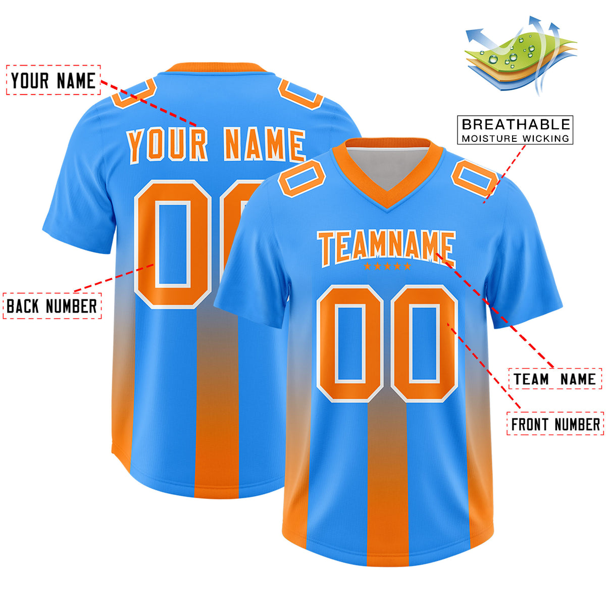 Custom Light Blue Orange Vertical Width Stripe Gradient Fashion Personalized Team Football Jersey