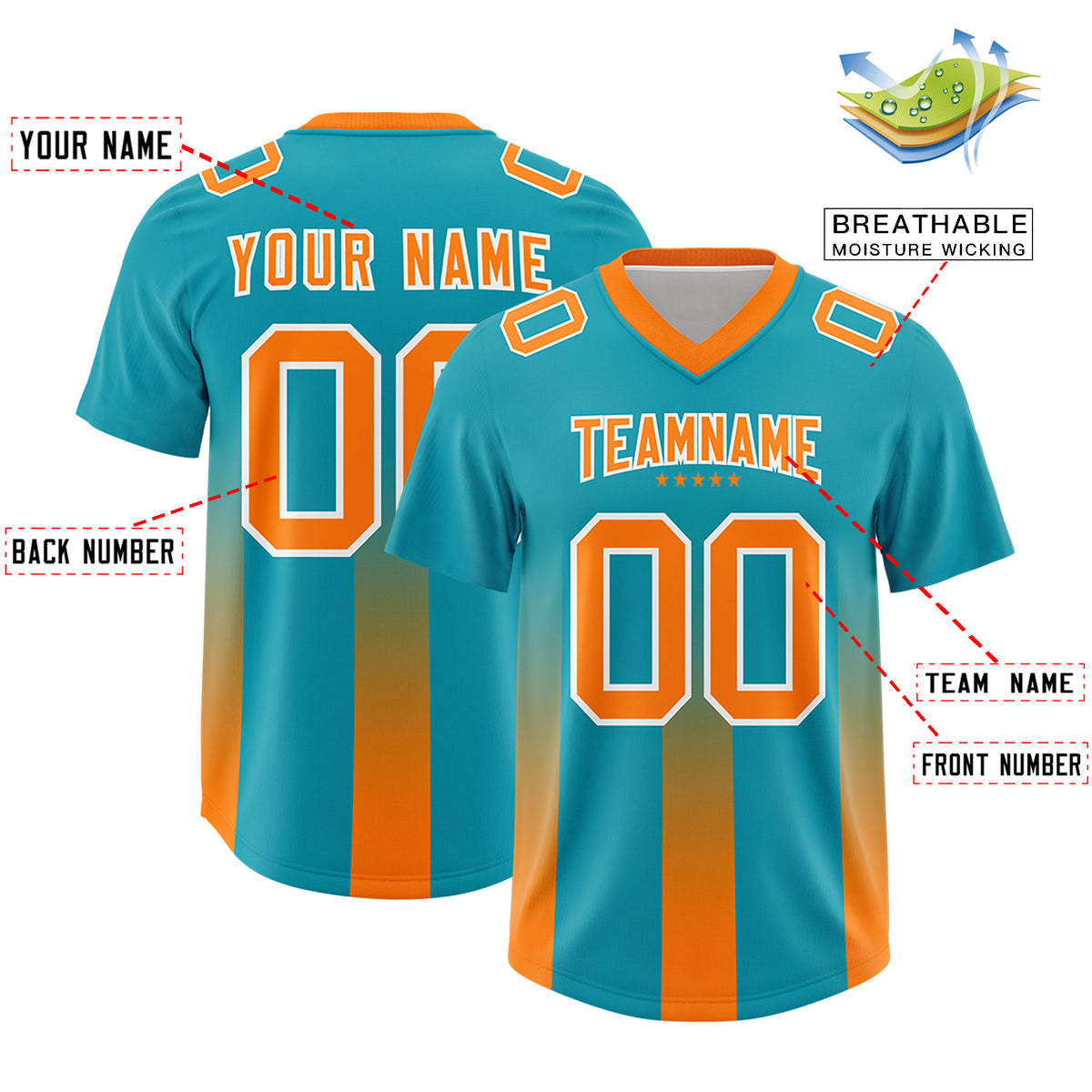 Custom Aqua Orange Vertical Width Stripe Gradient Fashion Personalized Team Football Jersey