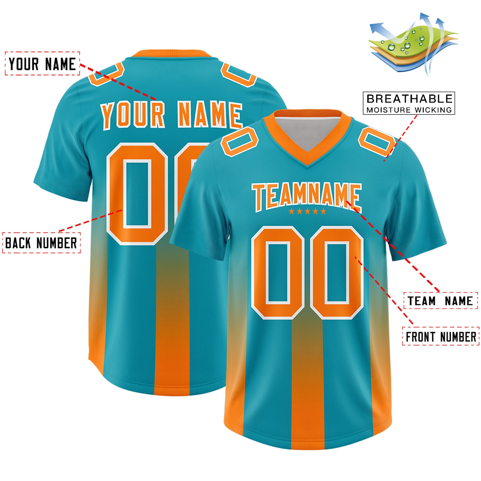 Custom Aqua Orange Vertical Width Stripe Gradient Fashion Personalized Team Football Jersey