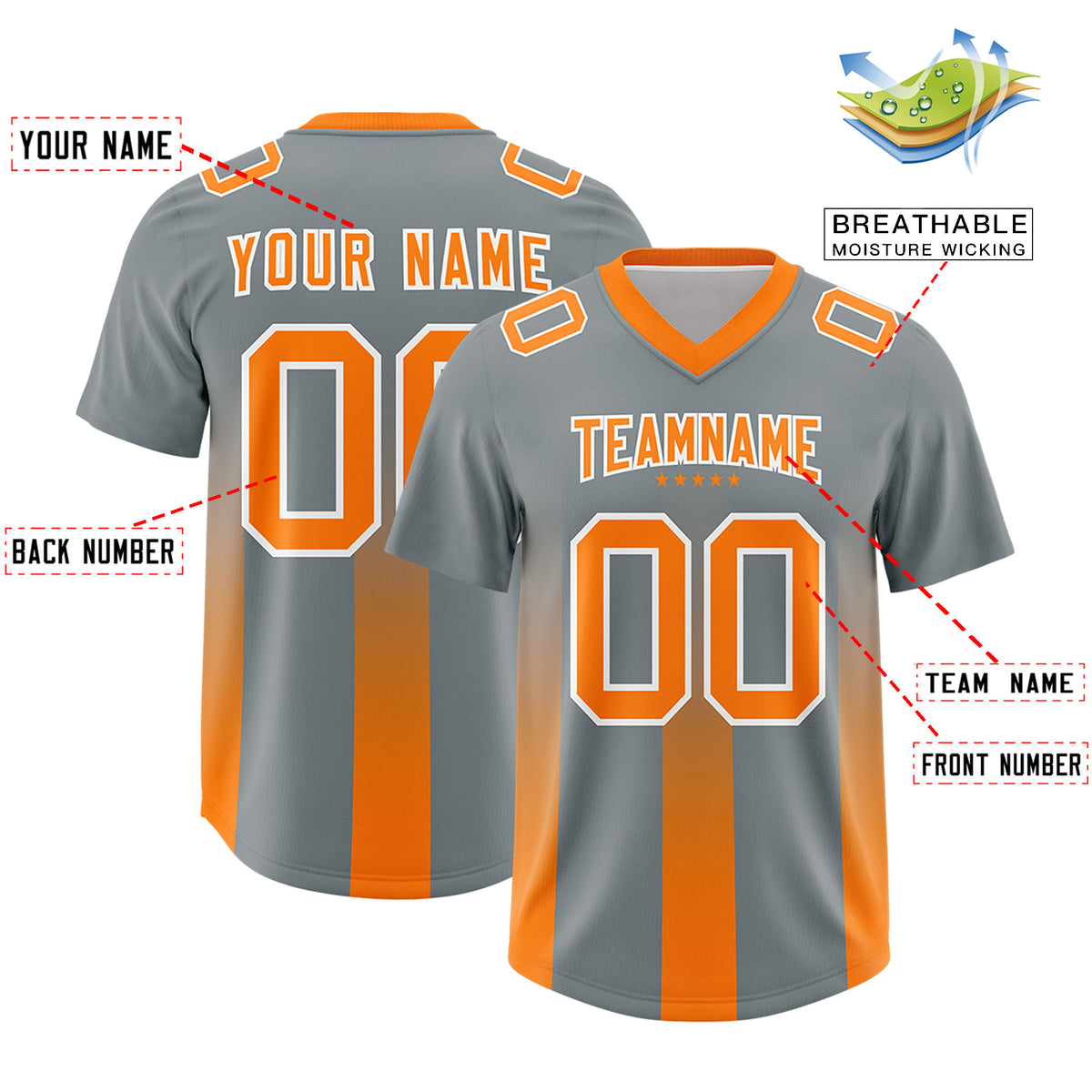 Custom Dark Gray Orange Vertical Width Stripe Gradient Fashion Personalized Team Football Jersey