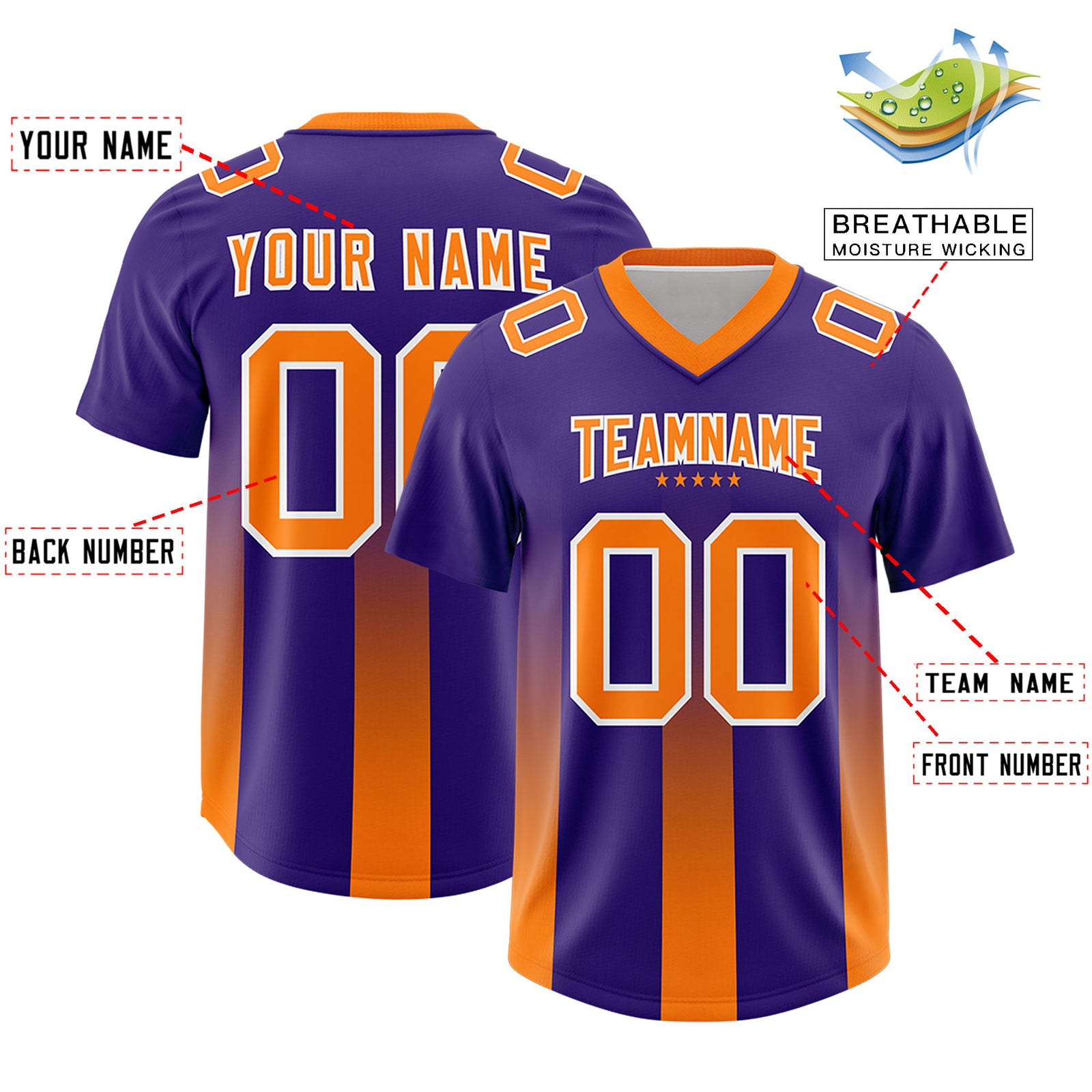 Custom Purple Orange Vertical Width Stripe Gradient Fashion Personalized Team Football Jersey