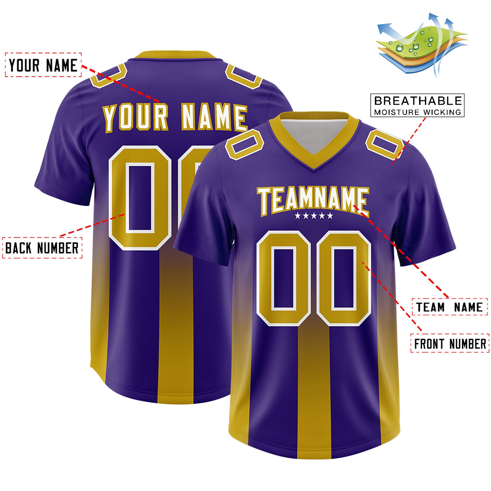 Custom Purple Old Gold Vertical Width Stripe Gradient Fashion Personalized Team Football Jersey