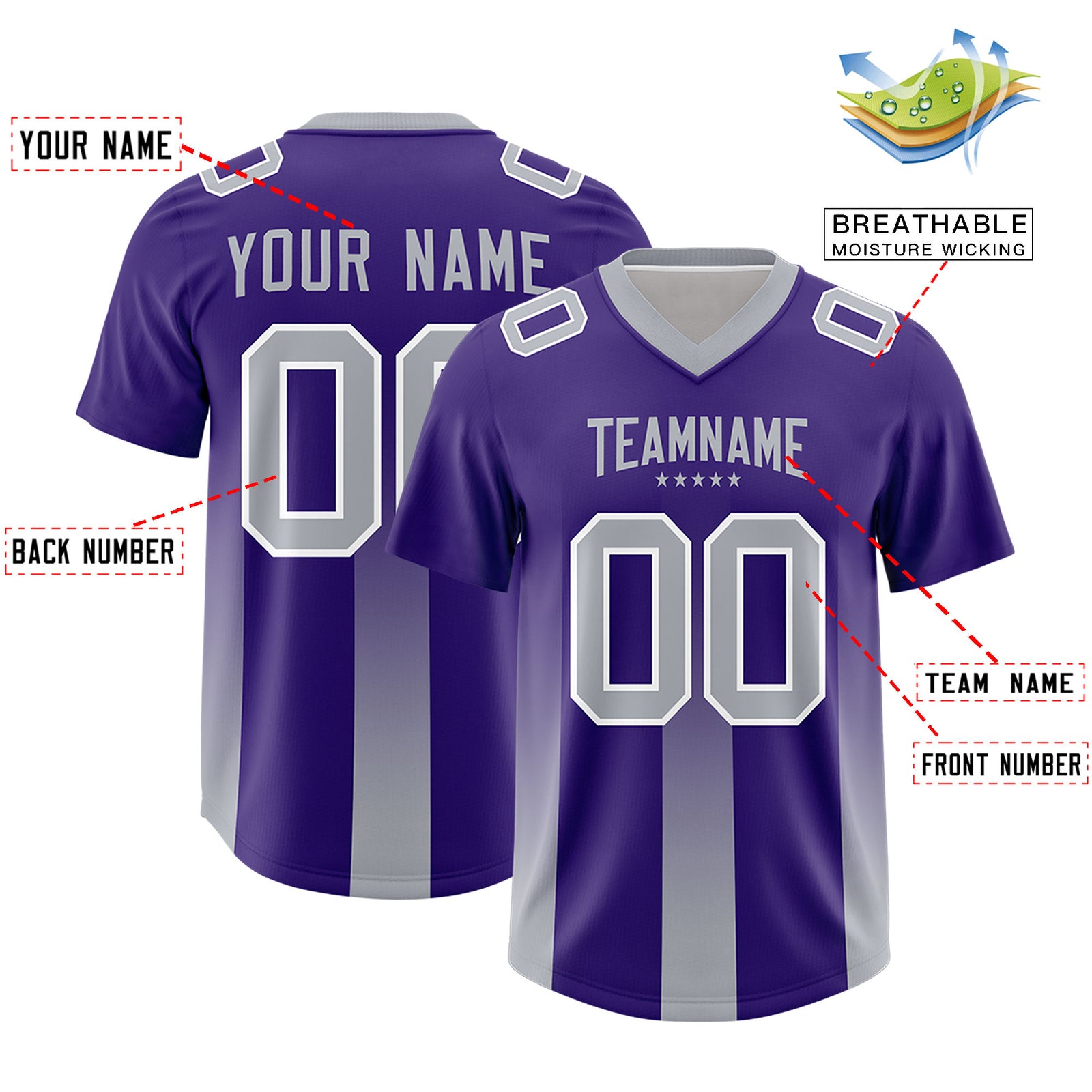 Custom Purple Gray Vertical Width Stripe Gradient Fashion Personalized Team Football Jersey