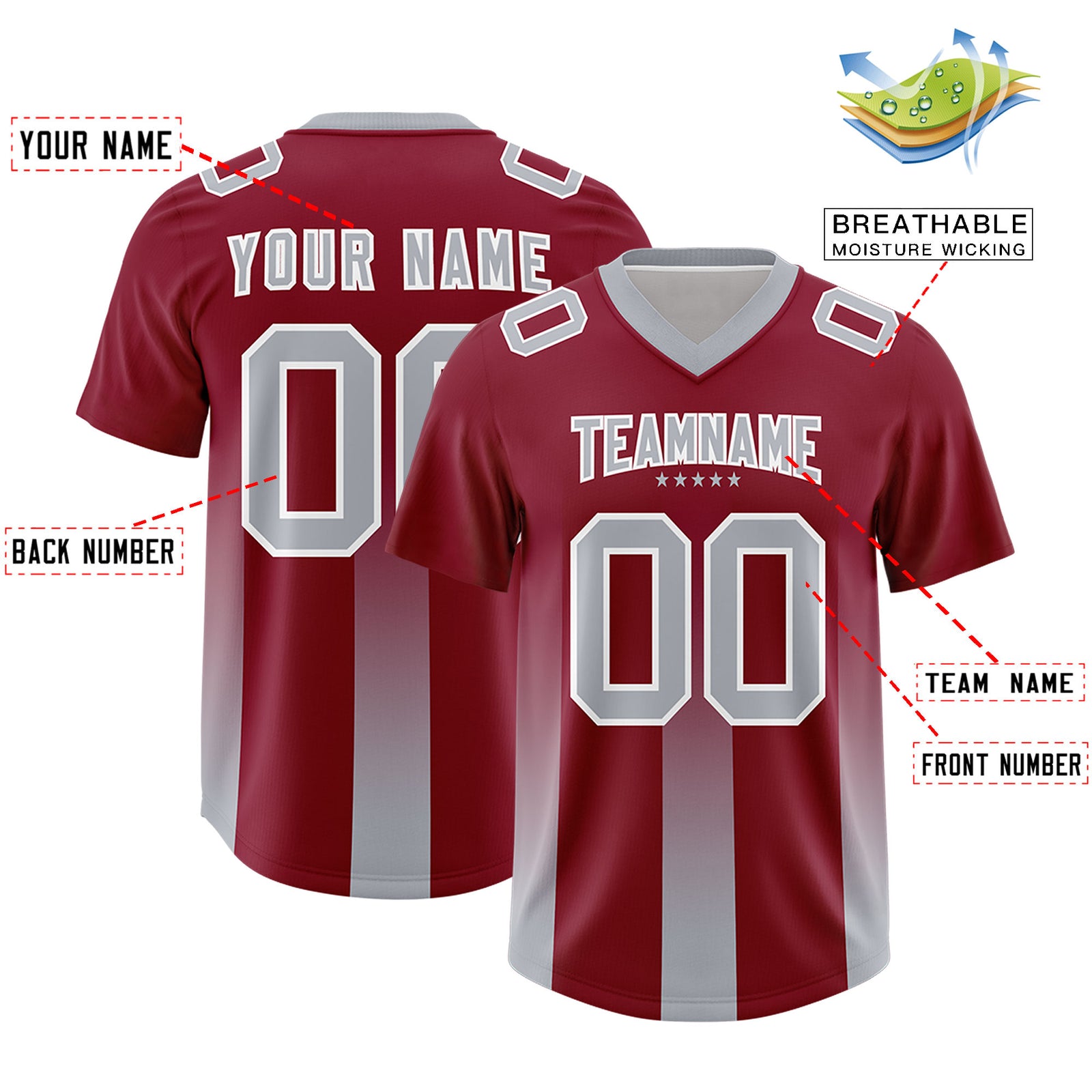 Custom Cardinal Gray Vertical Width Stripe Gradient Fashion Personalized Team Football Jersey