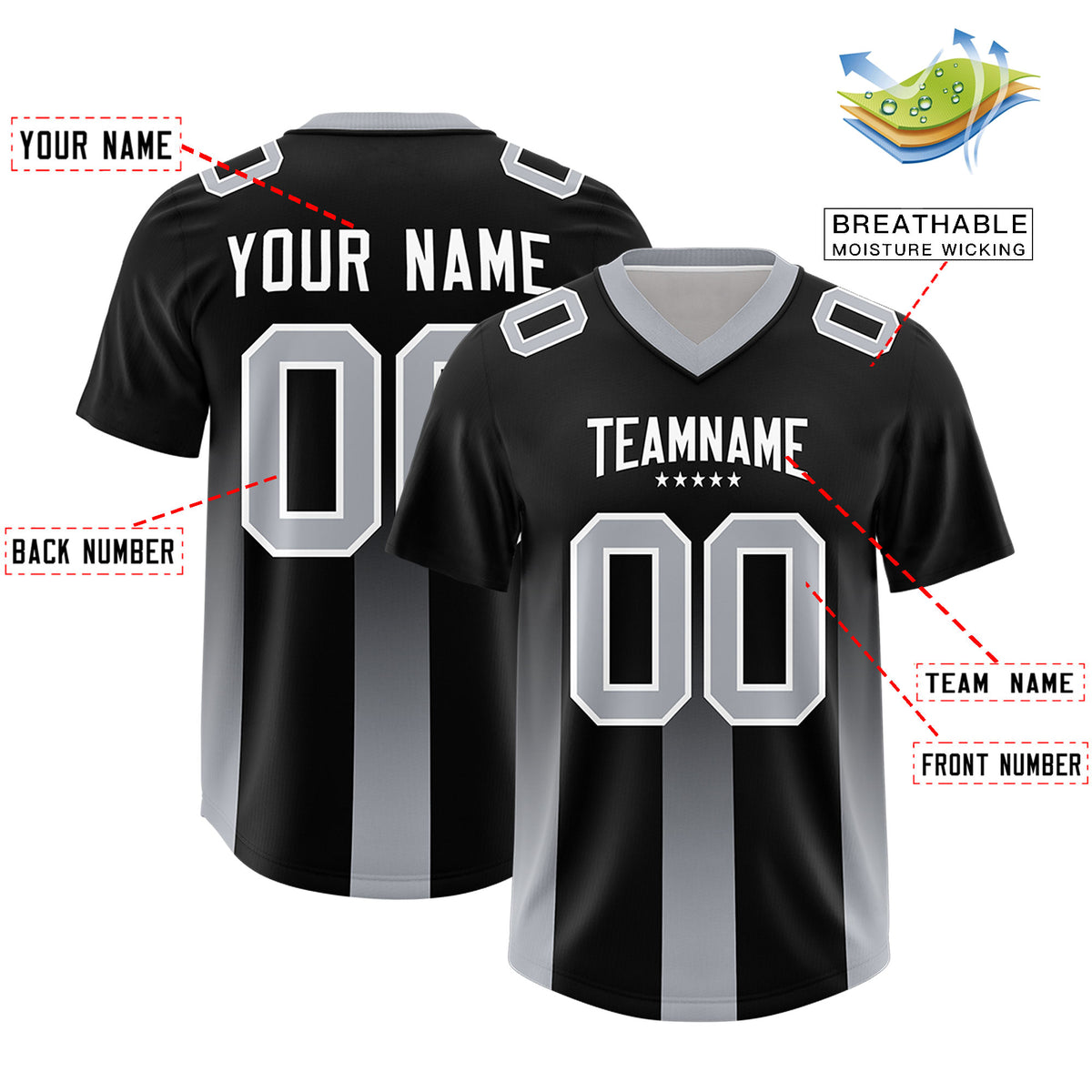 Custom Black Gray Vertical Width Stripe Gradient Fashion Personalized Team Football Jersey