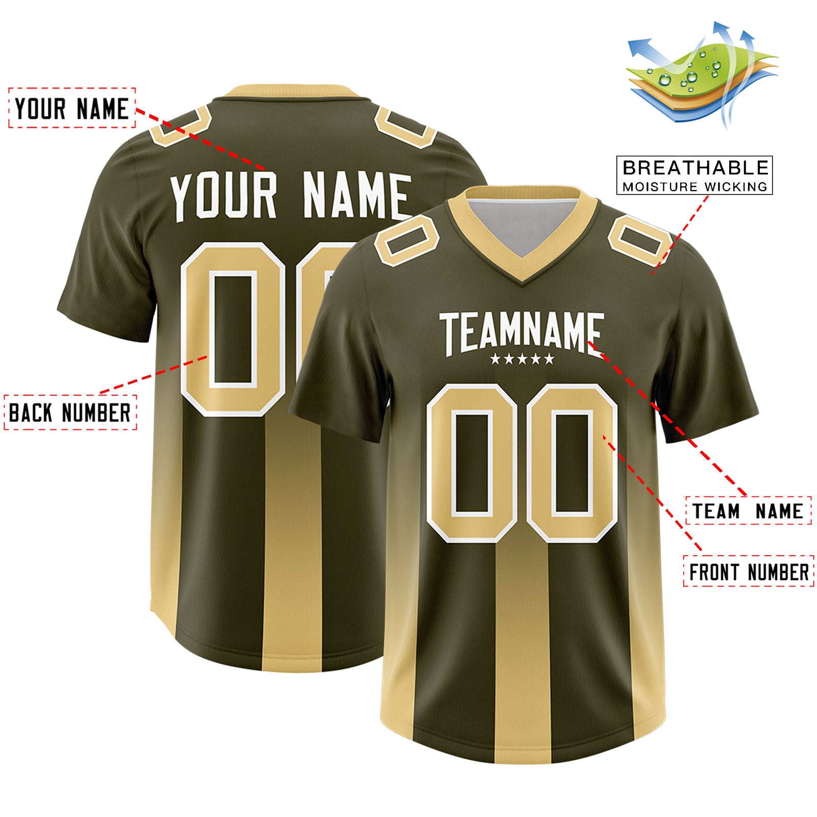 Custom Olive Khaki Vertical Width Stripe Gradient Fashion Personalized Team Football Jersey