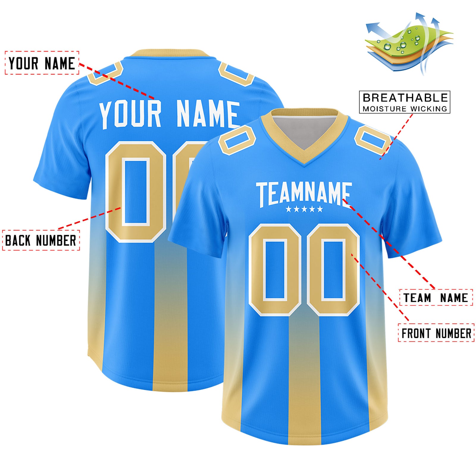 Custom Light Blue Khaki Vertical Width Stripe Gradient Fashion Personalized Team Football Jersey