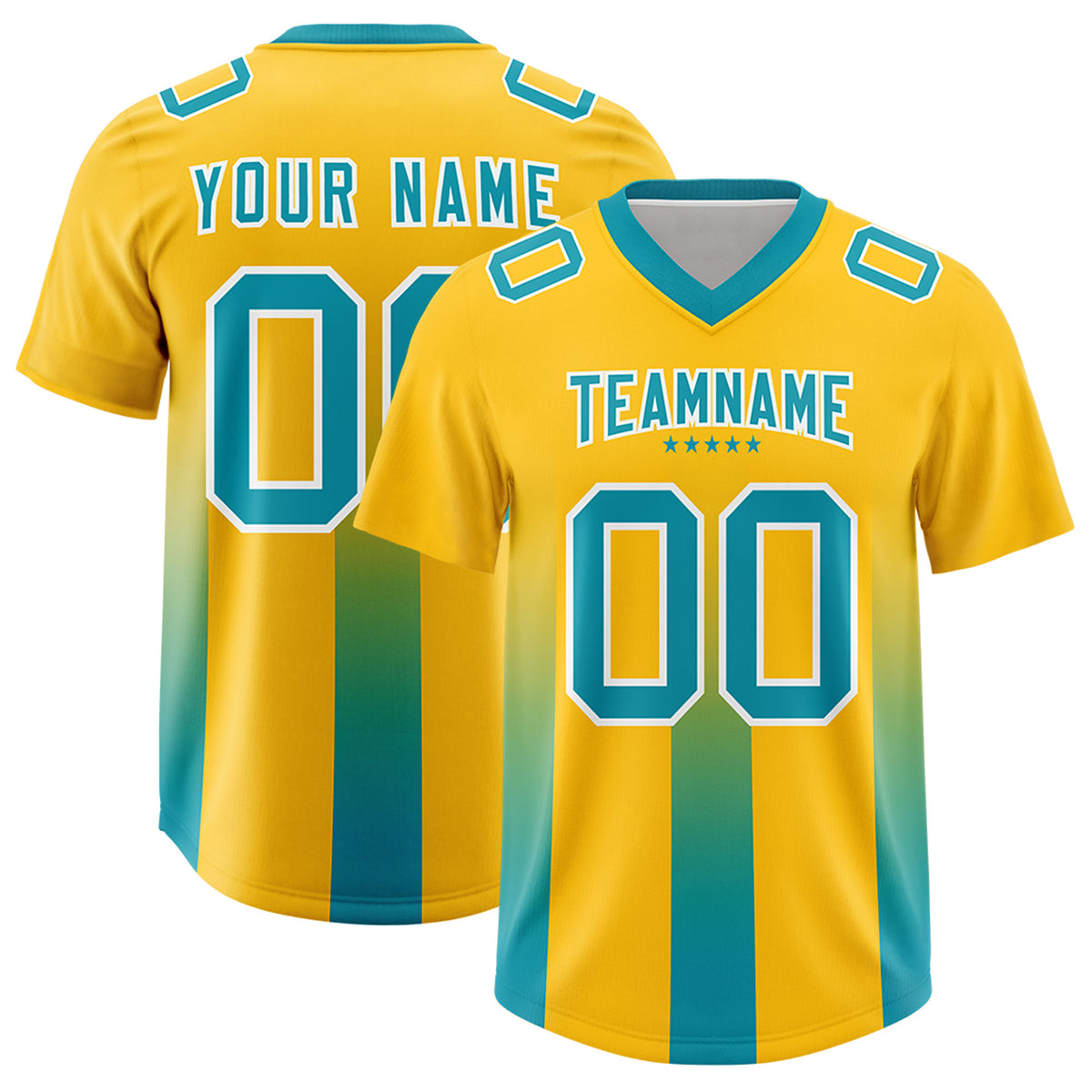 Custom Yellow Aqua Vertical Width Stripe Gradient Fashion Personalized Team Football Jersey
