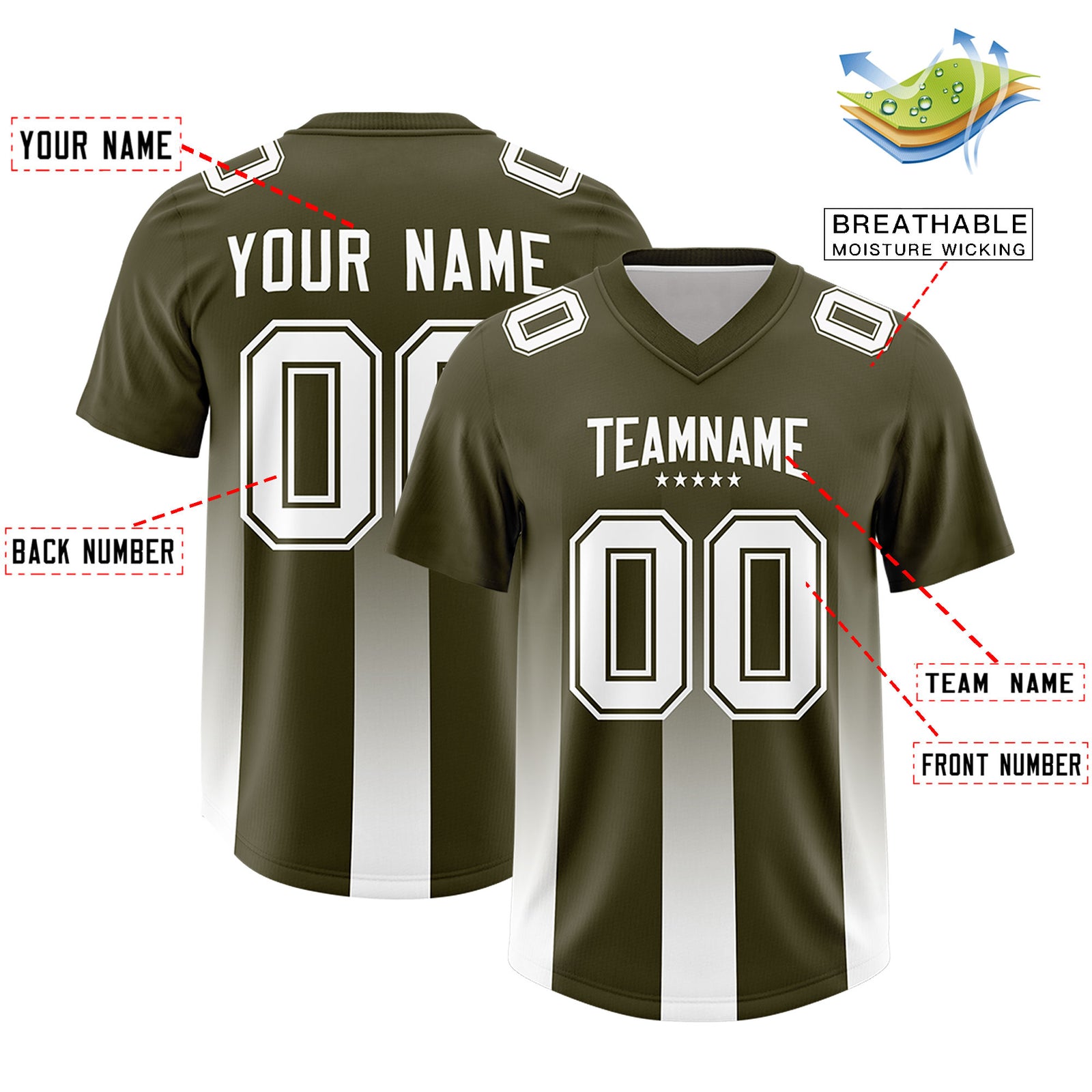 Custom Olive White Vertical Width Stripe Gradient Fashion Personalized Team Football Jersey