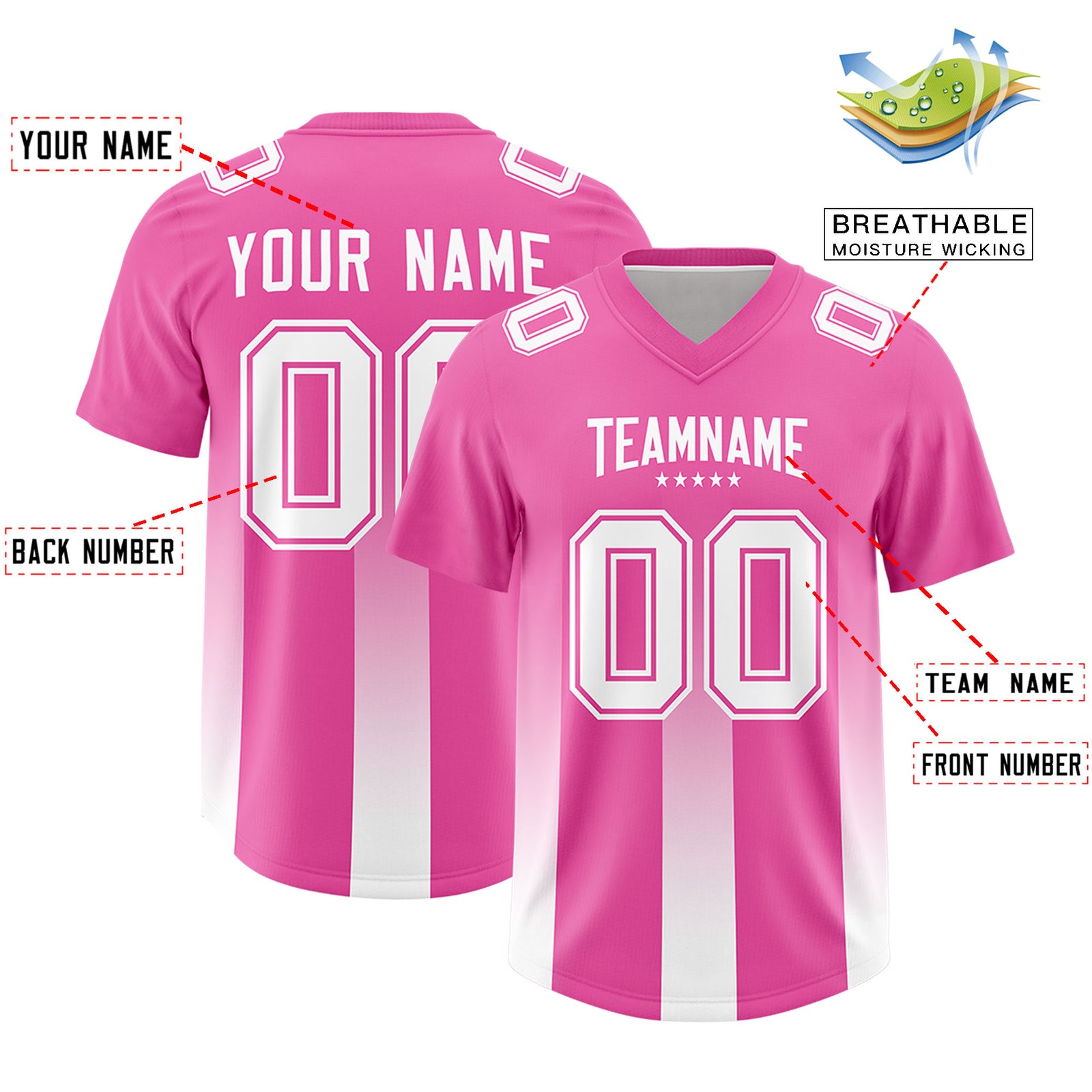 Custom Pink White Vertical Width Stripe Gradient Fashion Personalized Team Football Jersey