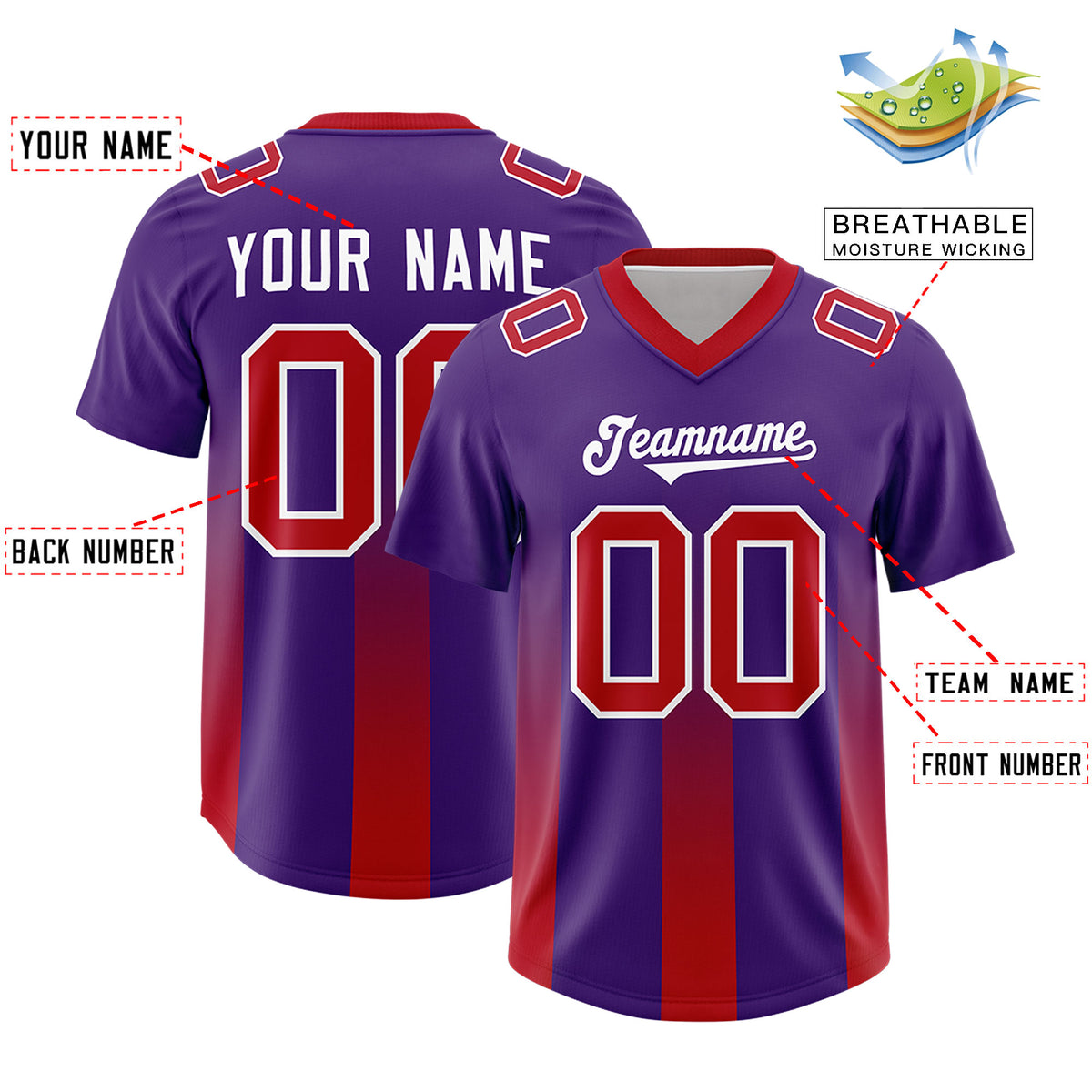 Custom Purple Red Vertical Width Stripe Gradient Fashion Personalized Team Football Jersey