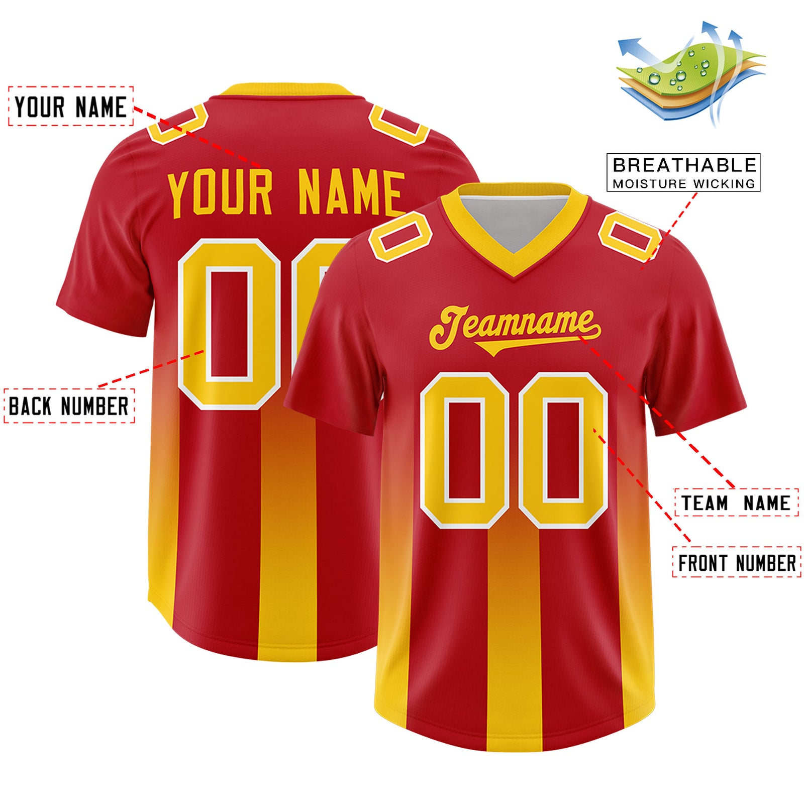 Custom Red Yellow Vertical Width Stripe Gradient Fashion Personalized Team Football Jersey