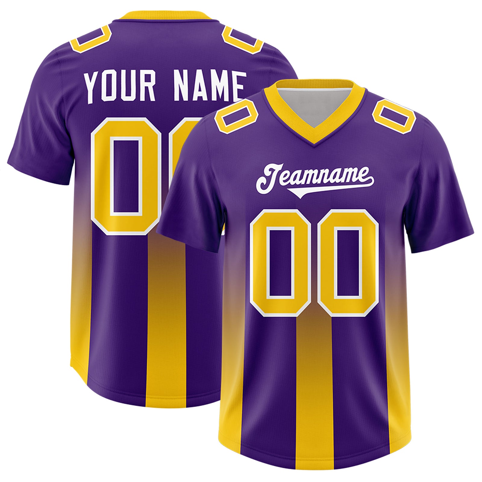 Custom Purple Yellow Vertical Width Stripe Gradient Fashion Personalized Team Football Jersey