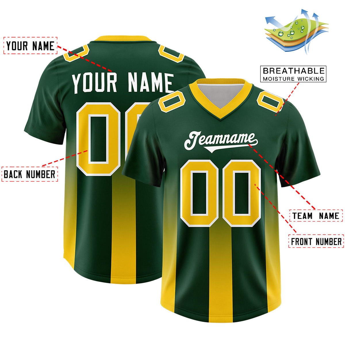 Custom Green Yellow Vertical Width Stripe Gradient Fashion Personalized Team Football Jersey