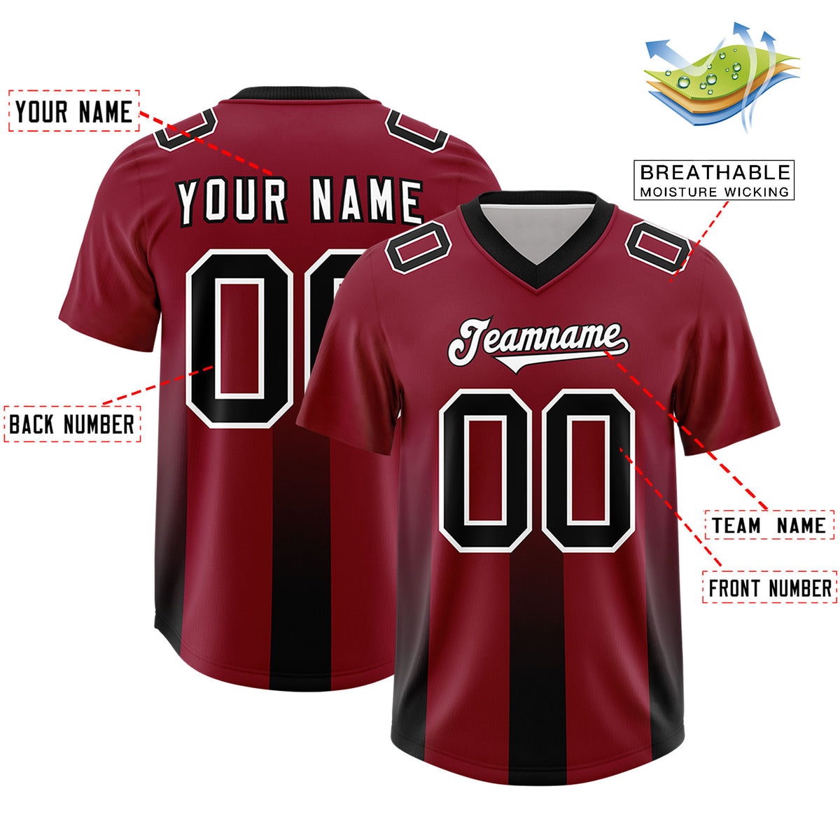 Custom Cardinal Black Vertical Width Stripe Gradient Fashion Personalized Team Football Jersey