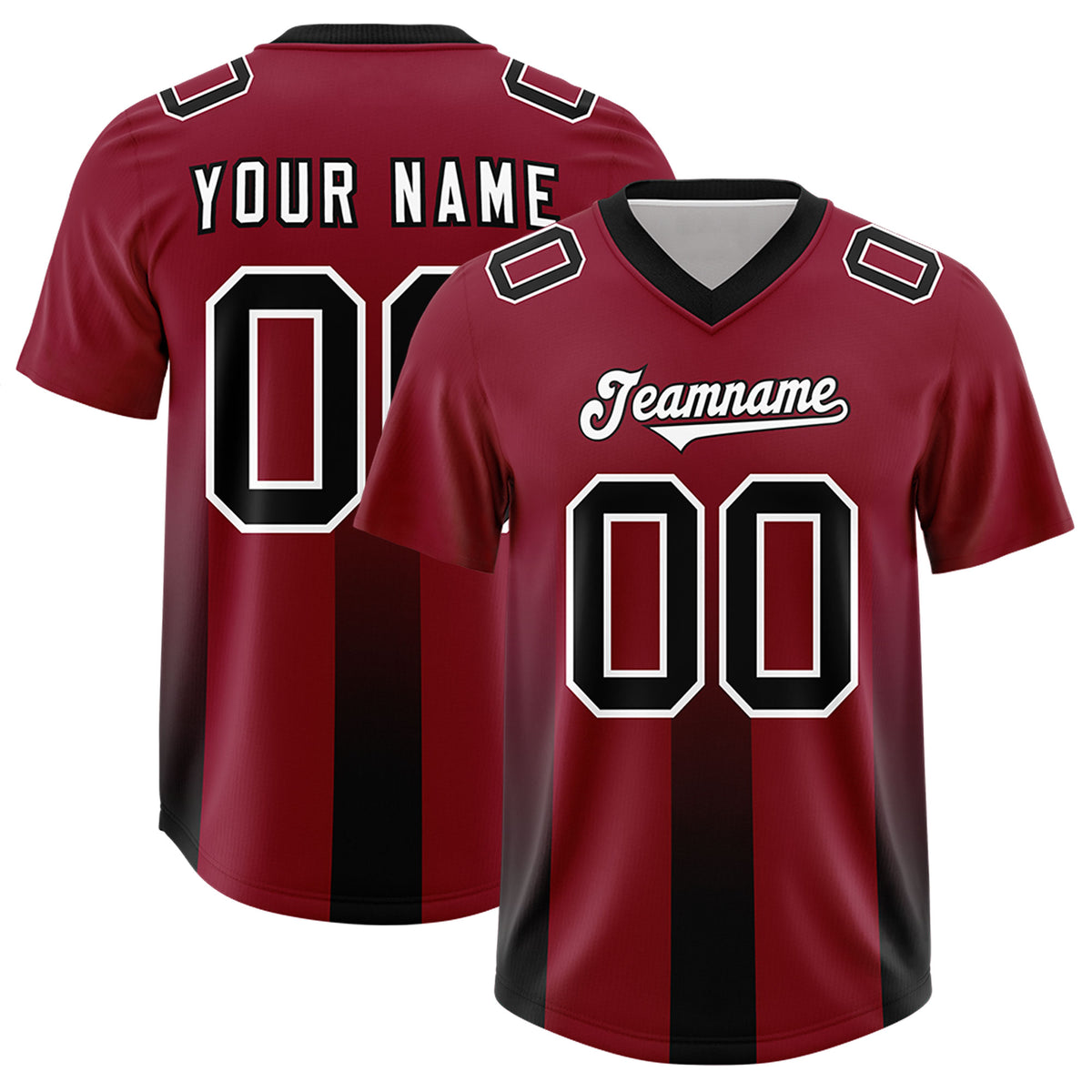 Custom Cardinal Black Vertical Width Stripe Gradient Fashion Personalized Team Football Jersey