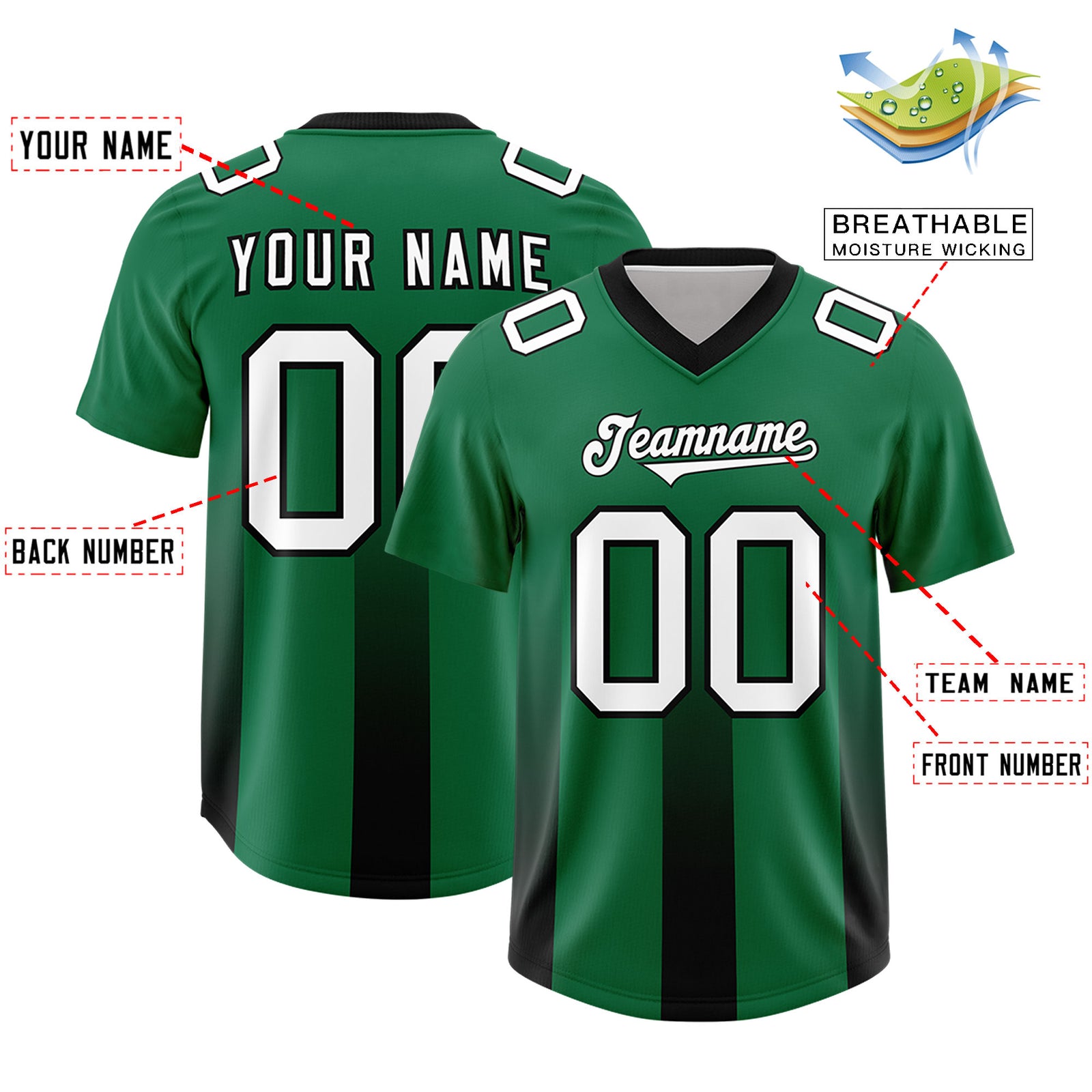 Custom Kelly Green Black Vertical Width Stripe Gradient Fashion Personalized Team Football Jersey