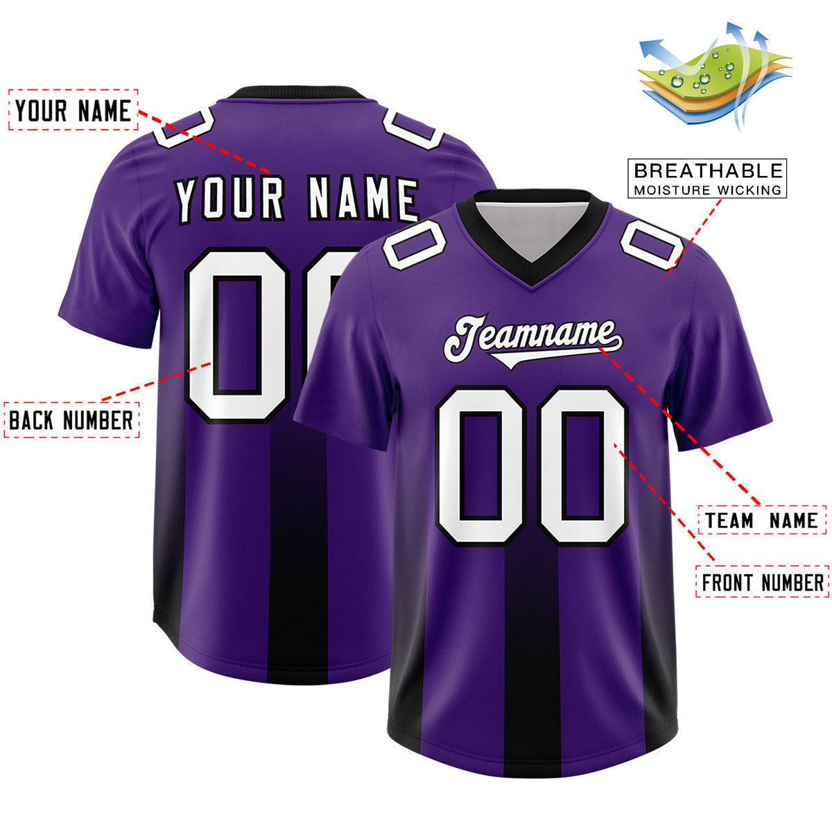 Custom Purple Black Vertical Width Stripe Gradient Fashion Personalized Team Football Jersey