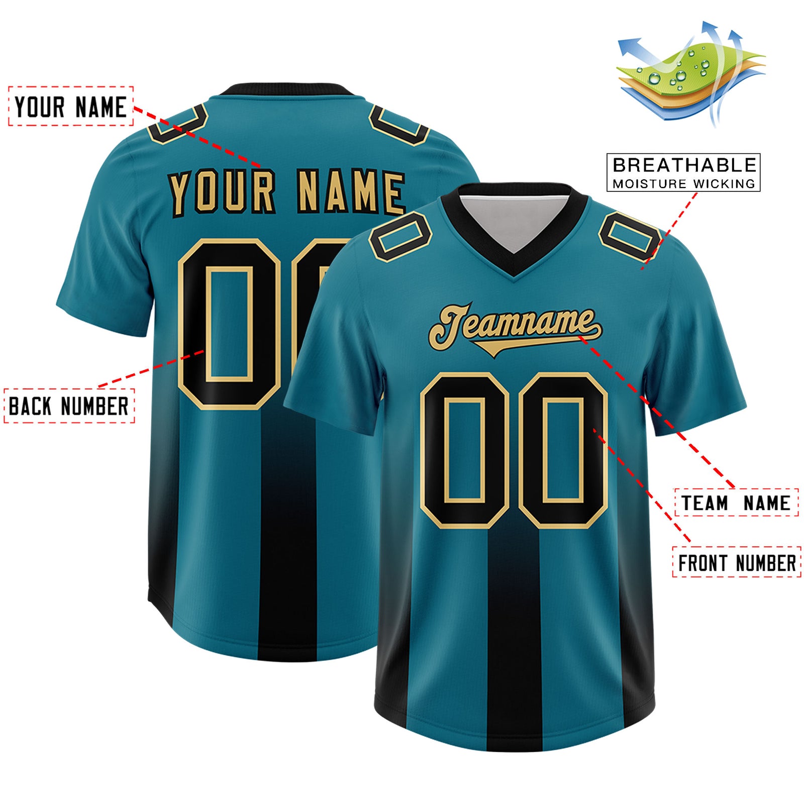 Custom Aqua Black Vertical Width Stripe Gradient Fashion Personalized Team Football Jersey
