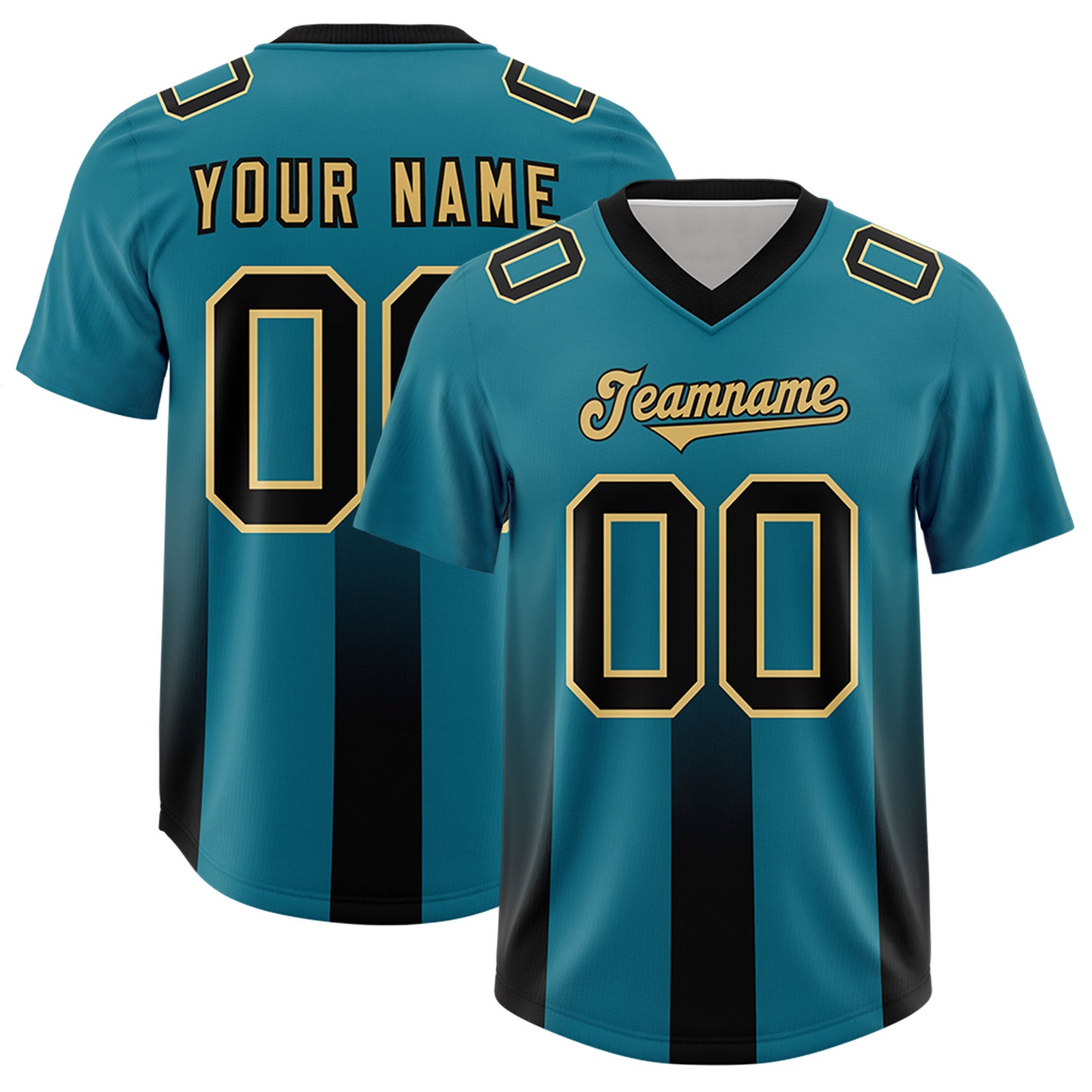 Custom Aqua Black Vertical Width Stripe Gradient Fashion Personalized Team Football Jersey