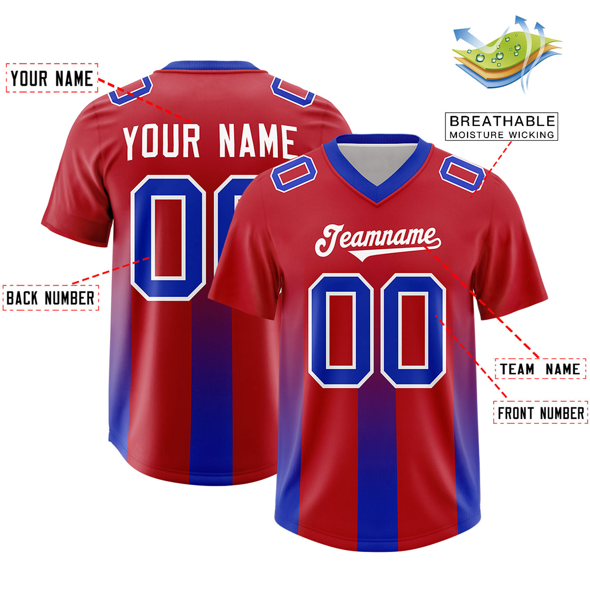 Custom Red Royal Vertical Width Stripe Gradient Fashion Personalized Team Football Jersey