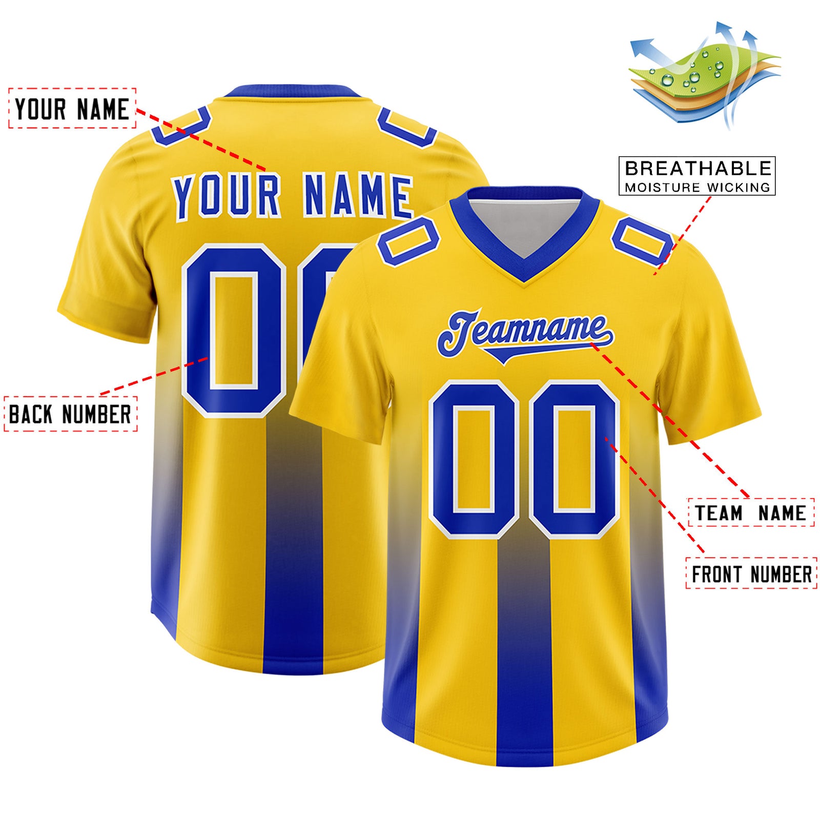 Custom Yellow Royal Vertical Width Stripe Gradient Fashion Personalized Team Football Jersey