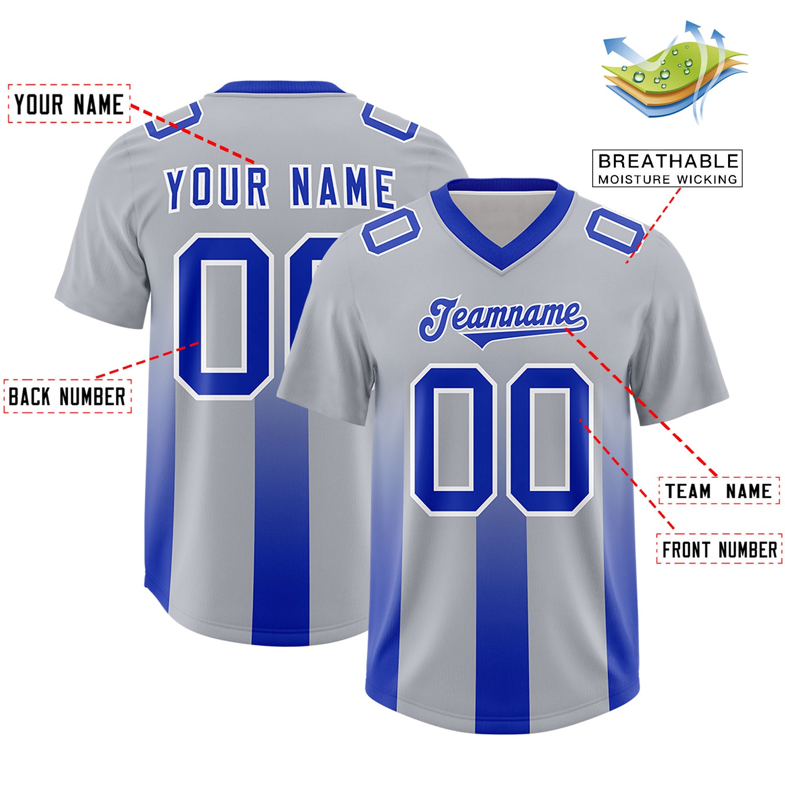 Custom Gray Royal Vertical Width Stripe Gradient Fashion Personalized Team Football Jersey