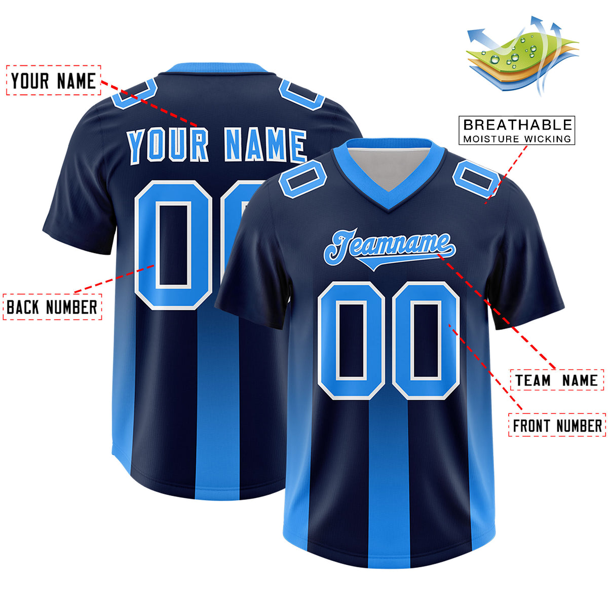 Custom Navy Light Blue Vertical Width Stripe Gradient Fashion Personalized Team Football Jersey